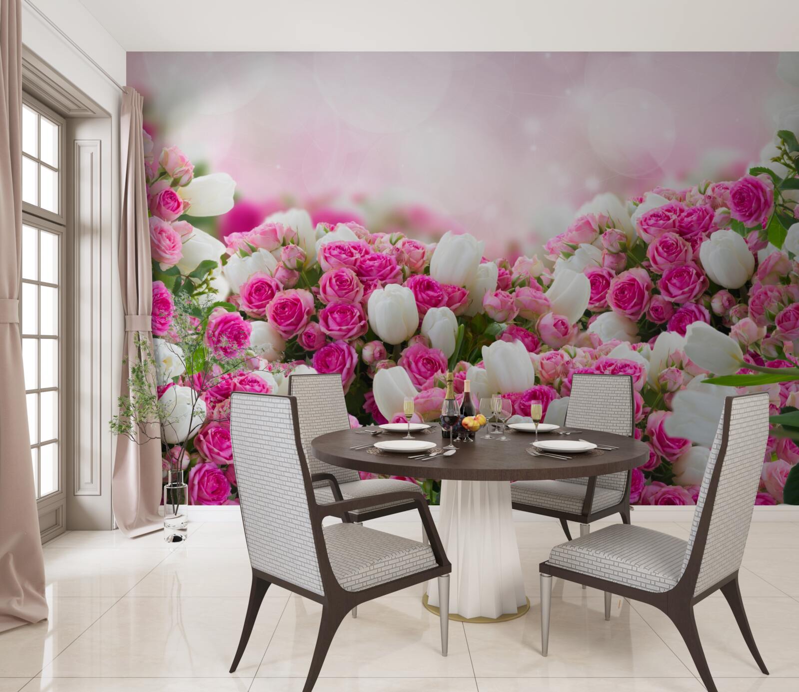 Fototapeta ružové ruže a biele tulipány