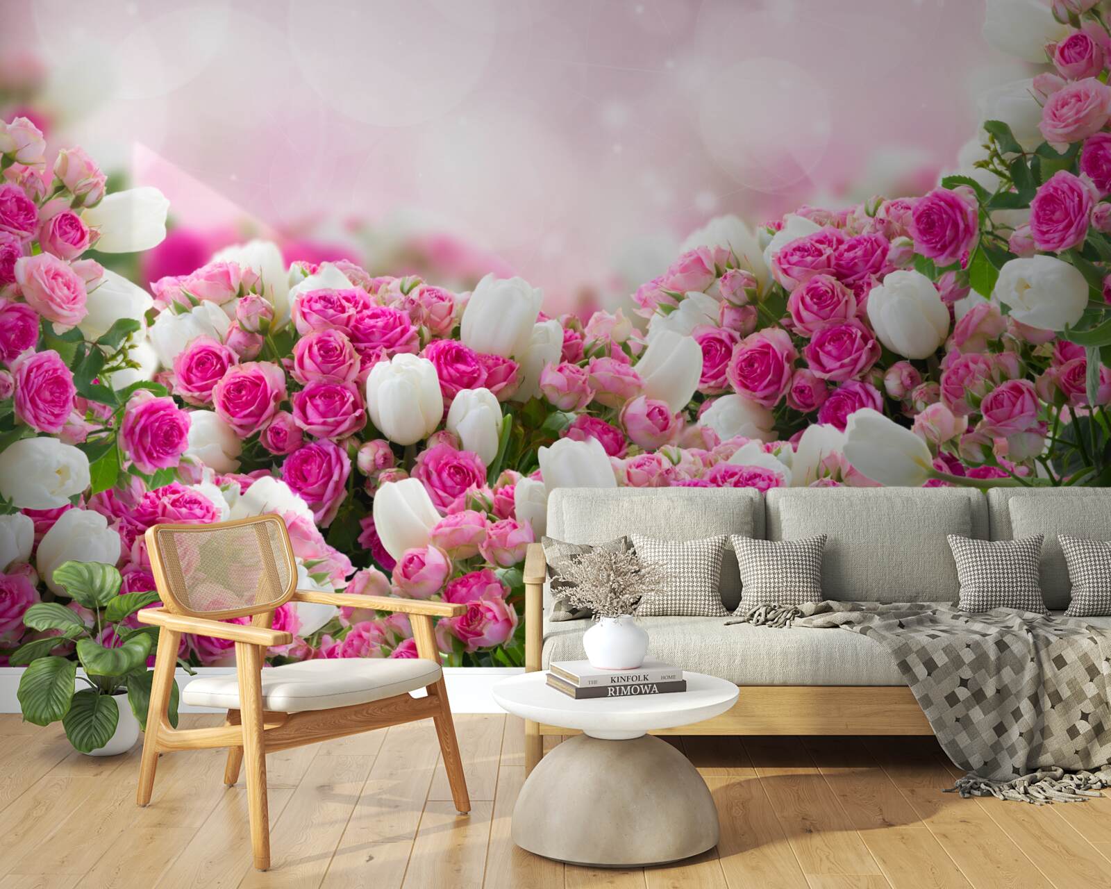 Fototapeta ružové ruže a biele tulipány