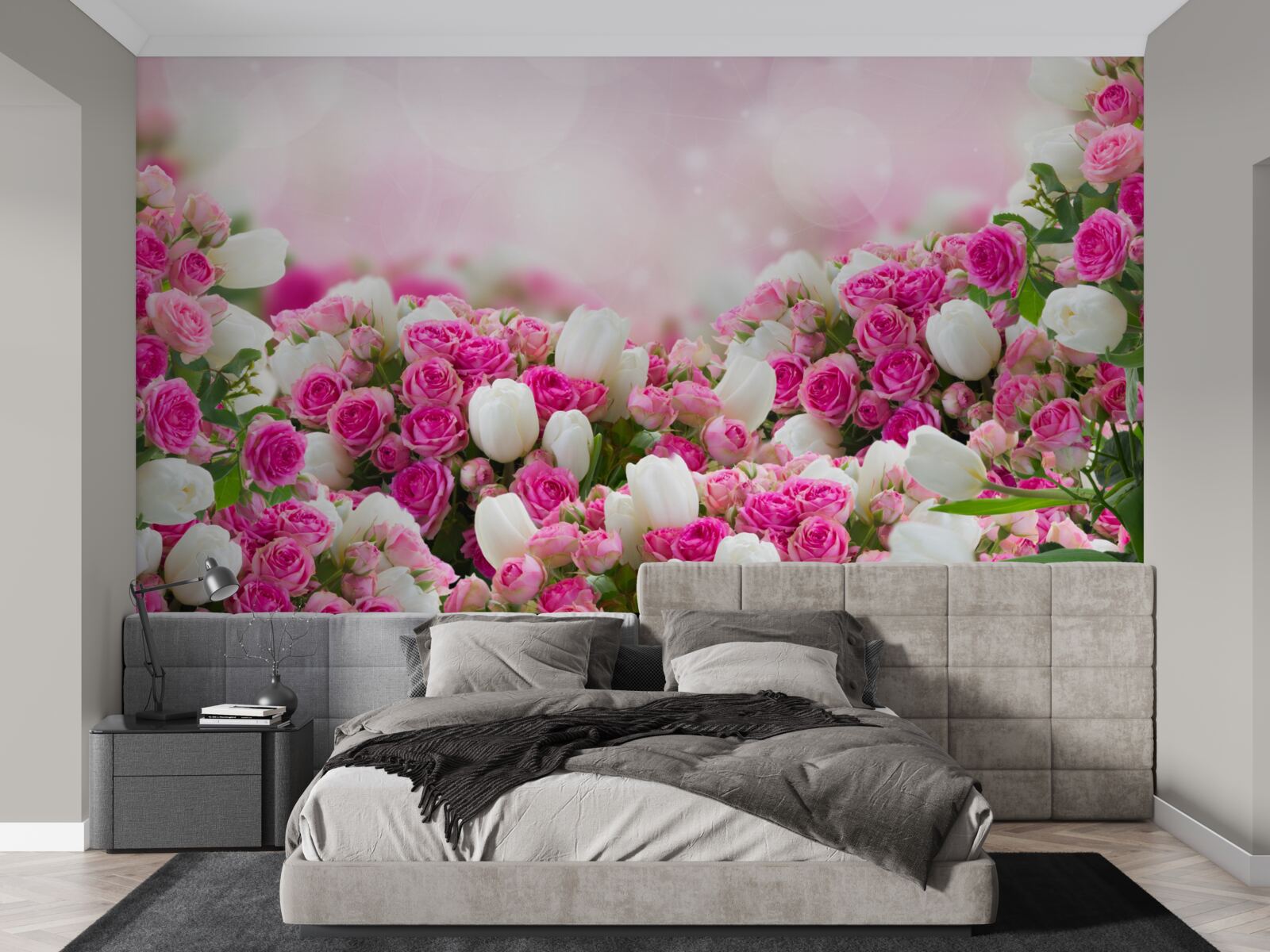 Fototapeta ružové ruže a biele tulipány