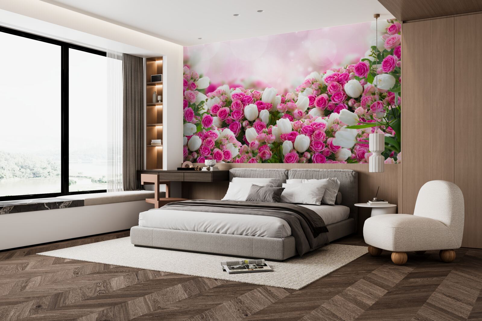 Fototapeta ružové ruže a biele tulipány