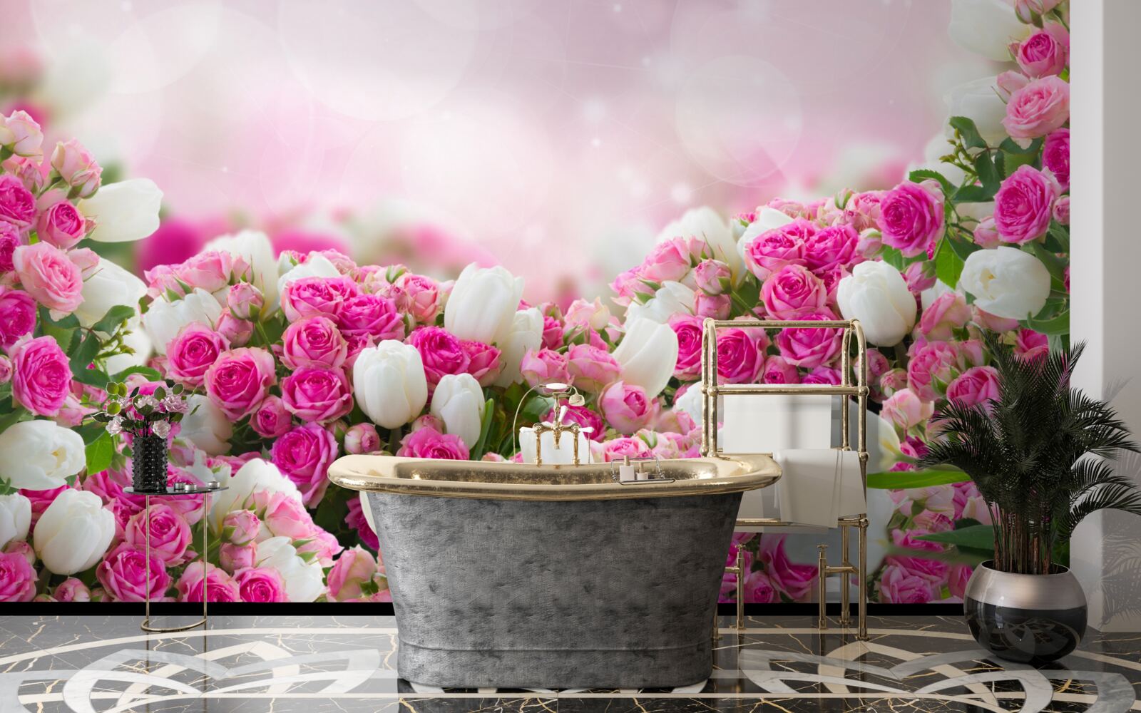 Fototapeta ružové ruže a biele tulipány