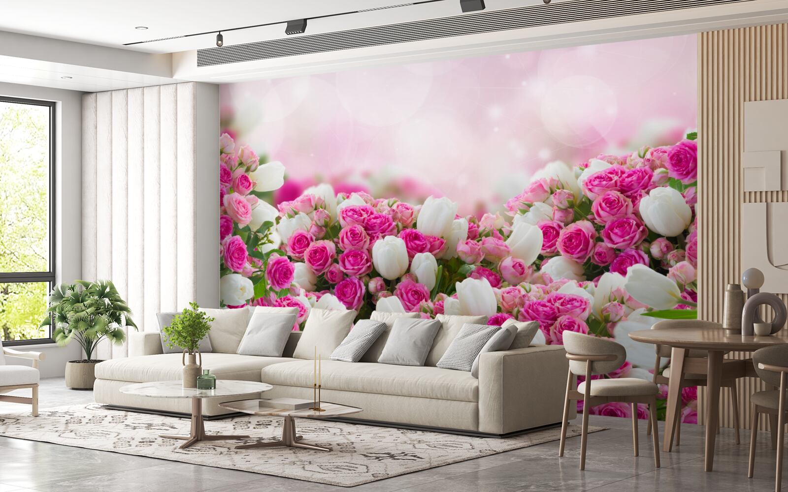 Fototapeta ružové ruže a biele tulipány