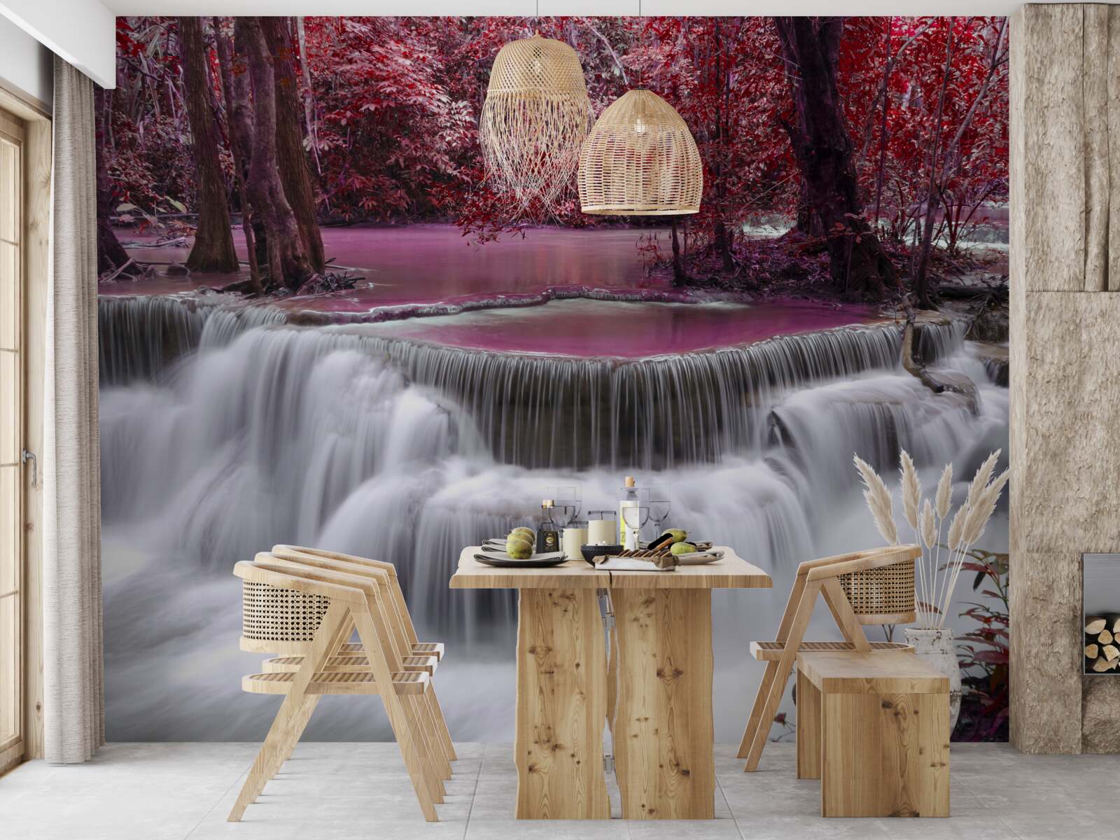 Fototapeta jesenný vodopád v lese v červených farbách