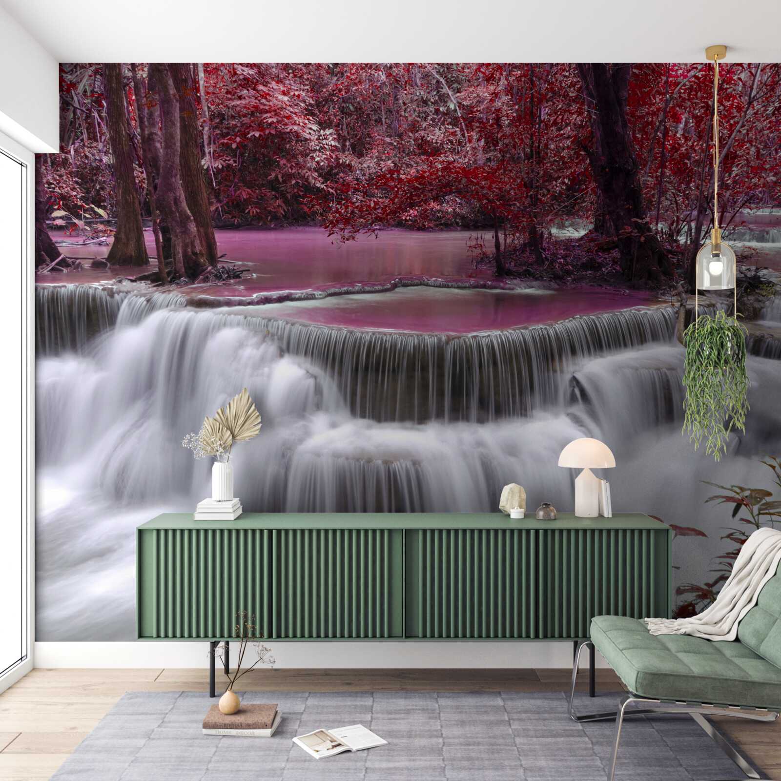 Fototapeta jesenný vodopád v lese v červených farbách