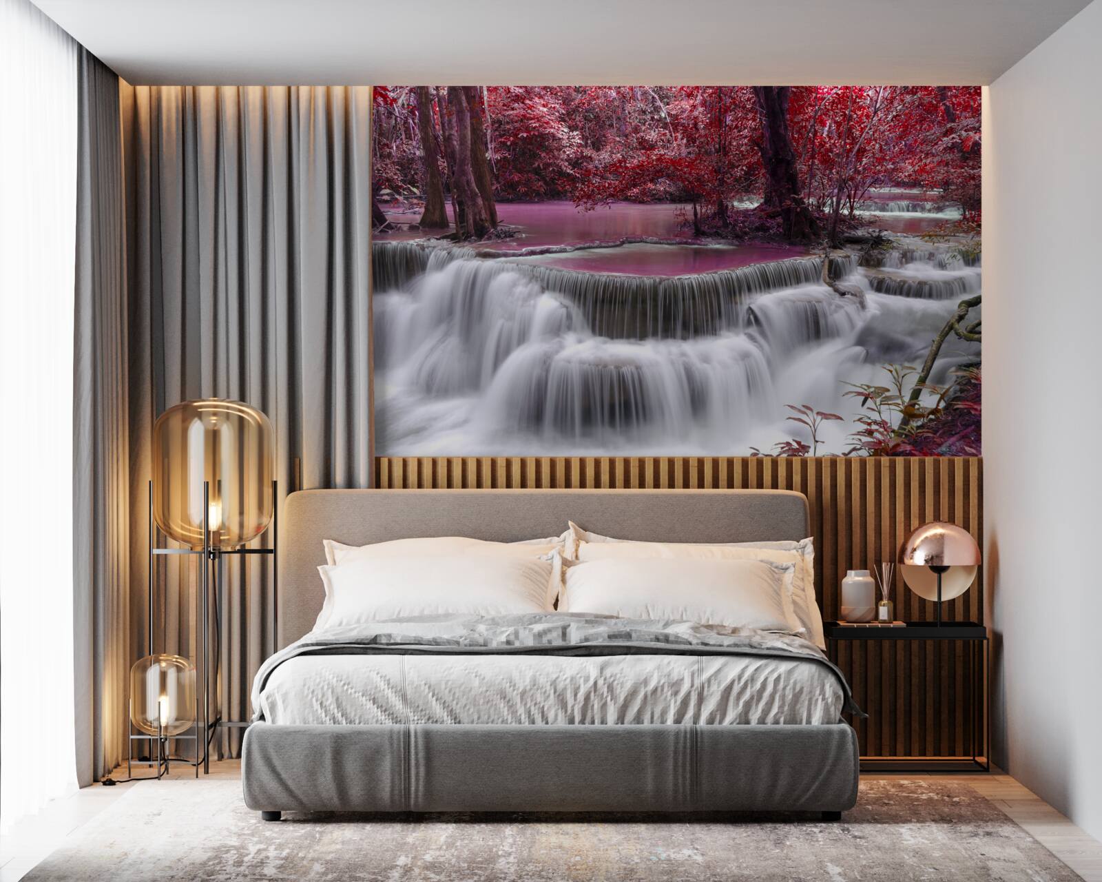 Fototapeta jesenný vodopád v lese v červených farbách