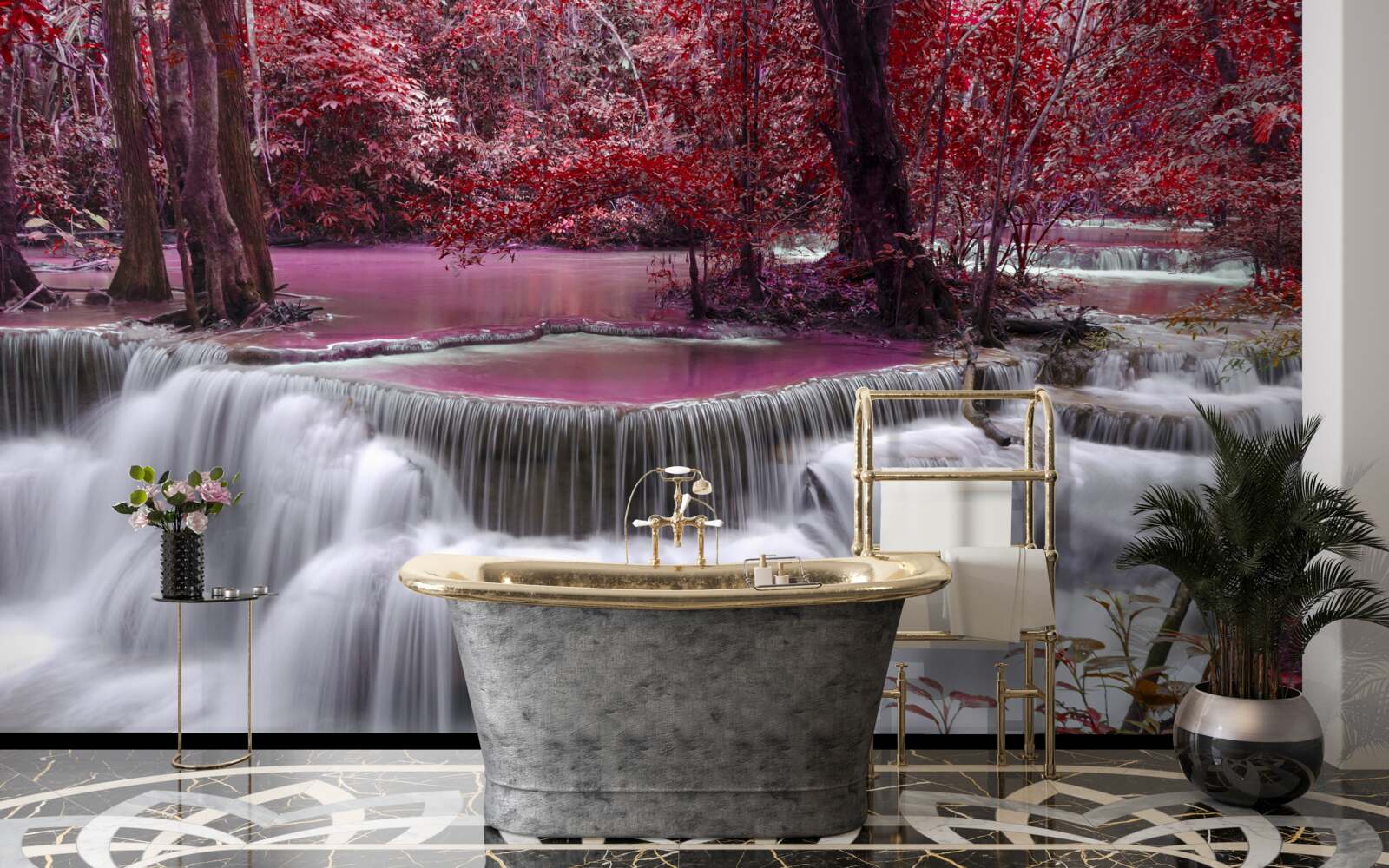 Fototapeta jesenný vodopád v lese v červených farbách