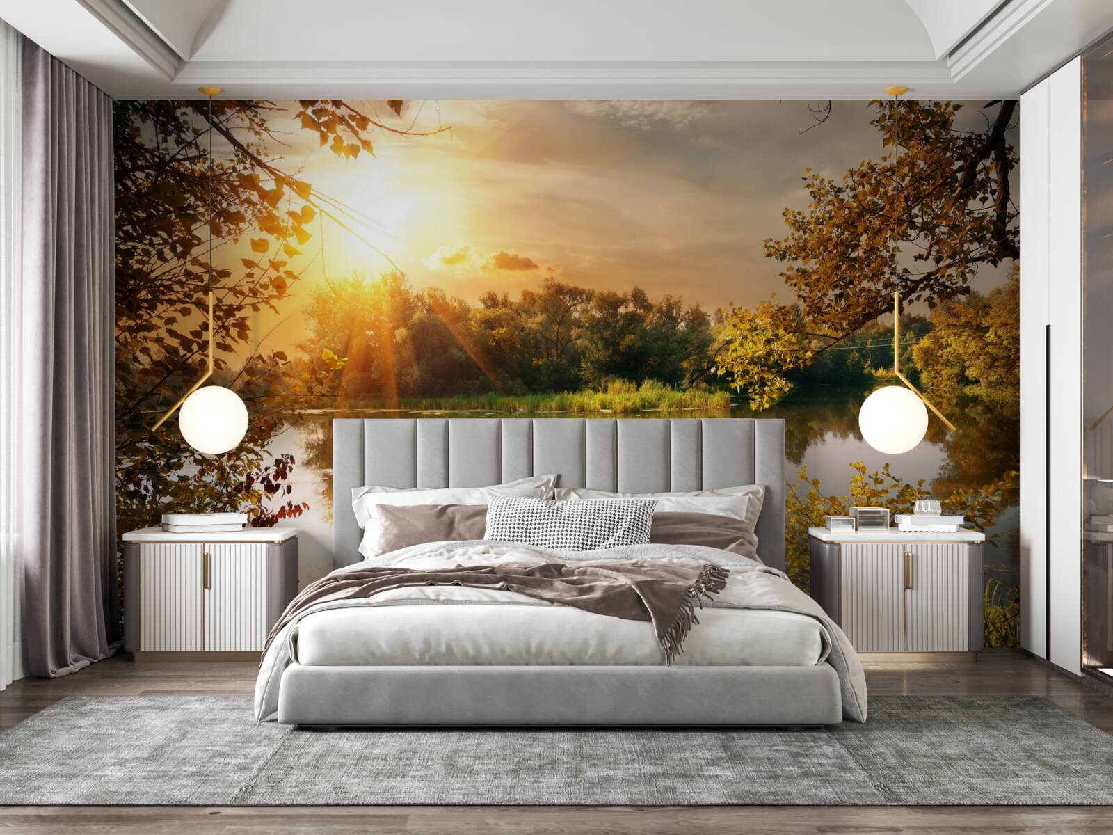 Fototapeta slnečné lúče na jazere, kde pláva labuť