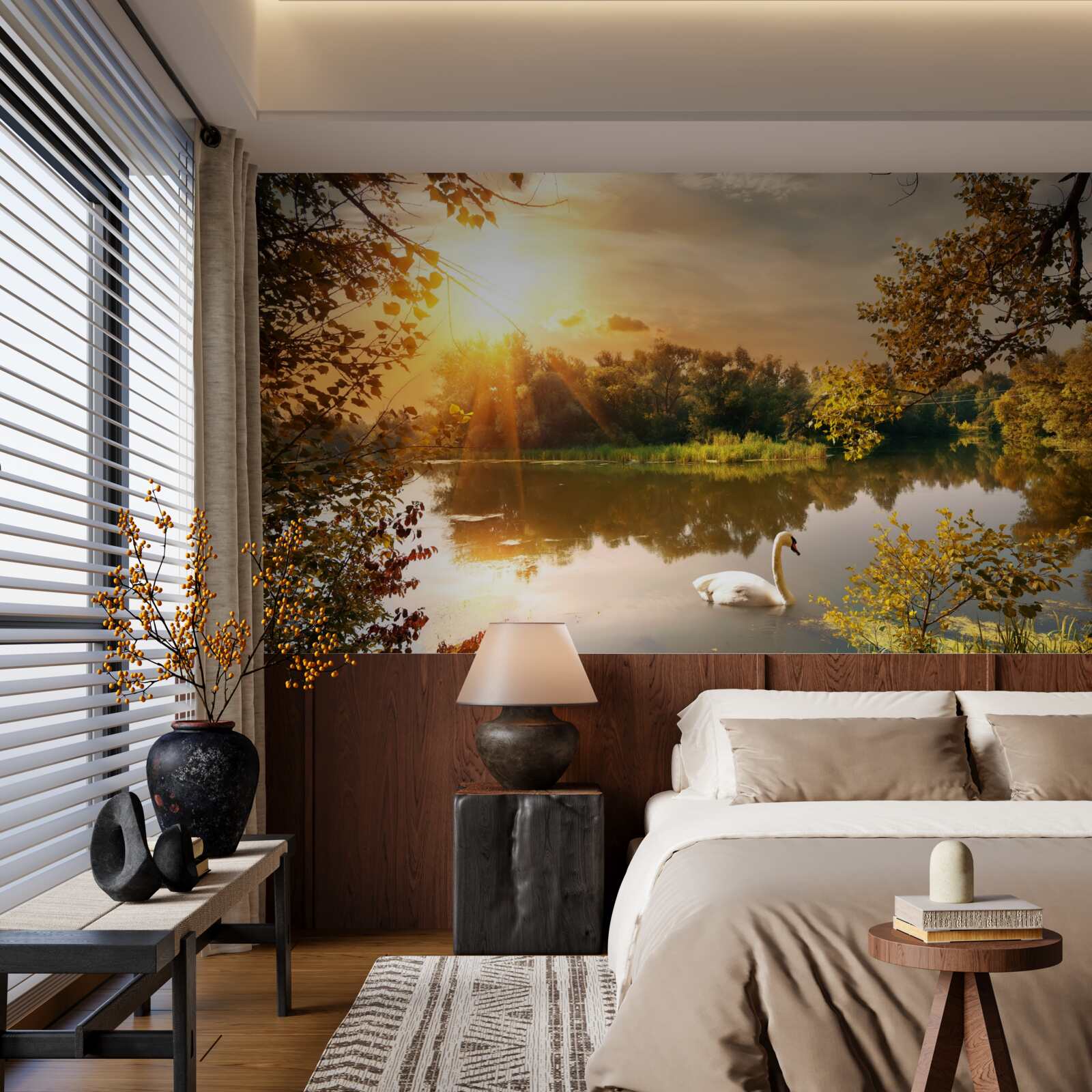 Fototapeta slnečné lúče na jazere, kde pláva labuť