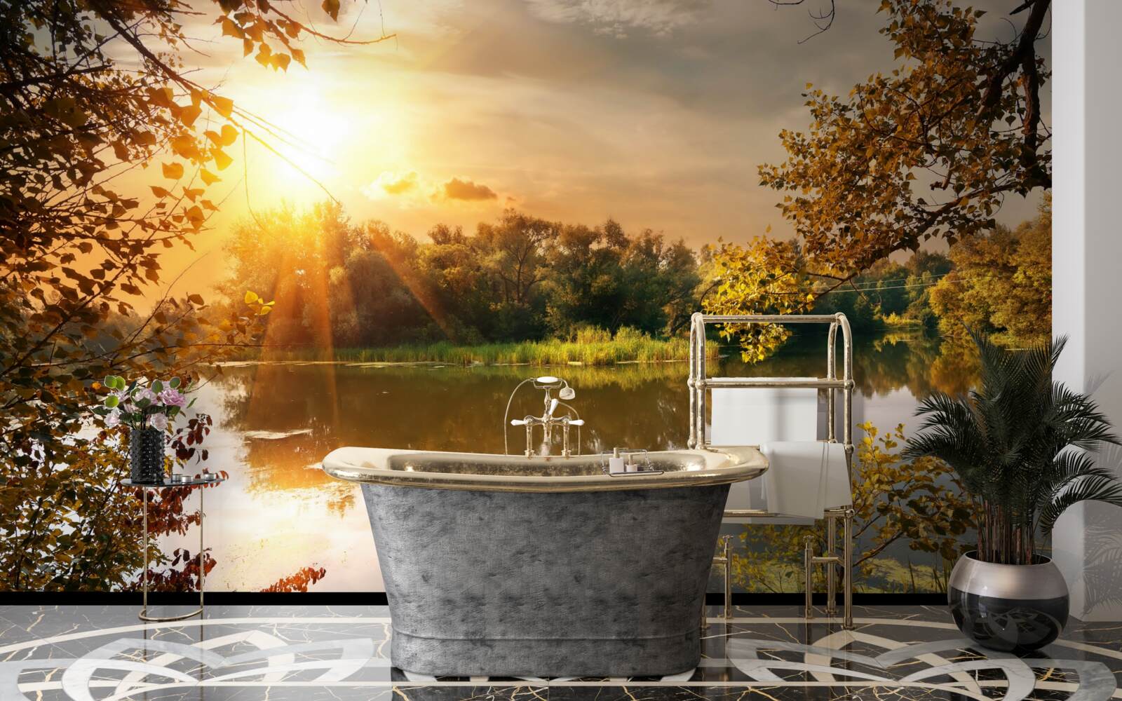 Fototapeta slnečné lúče na jazere, kde pláva labuť