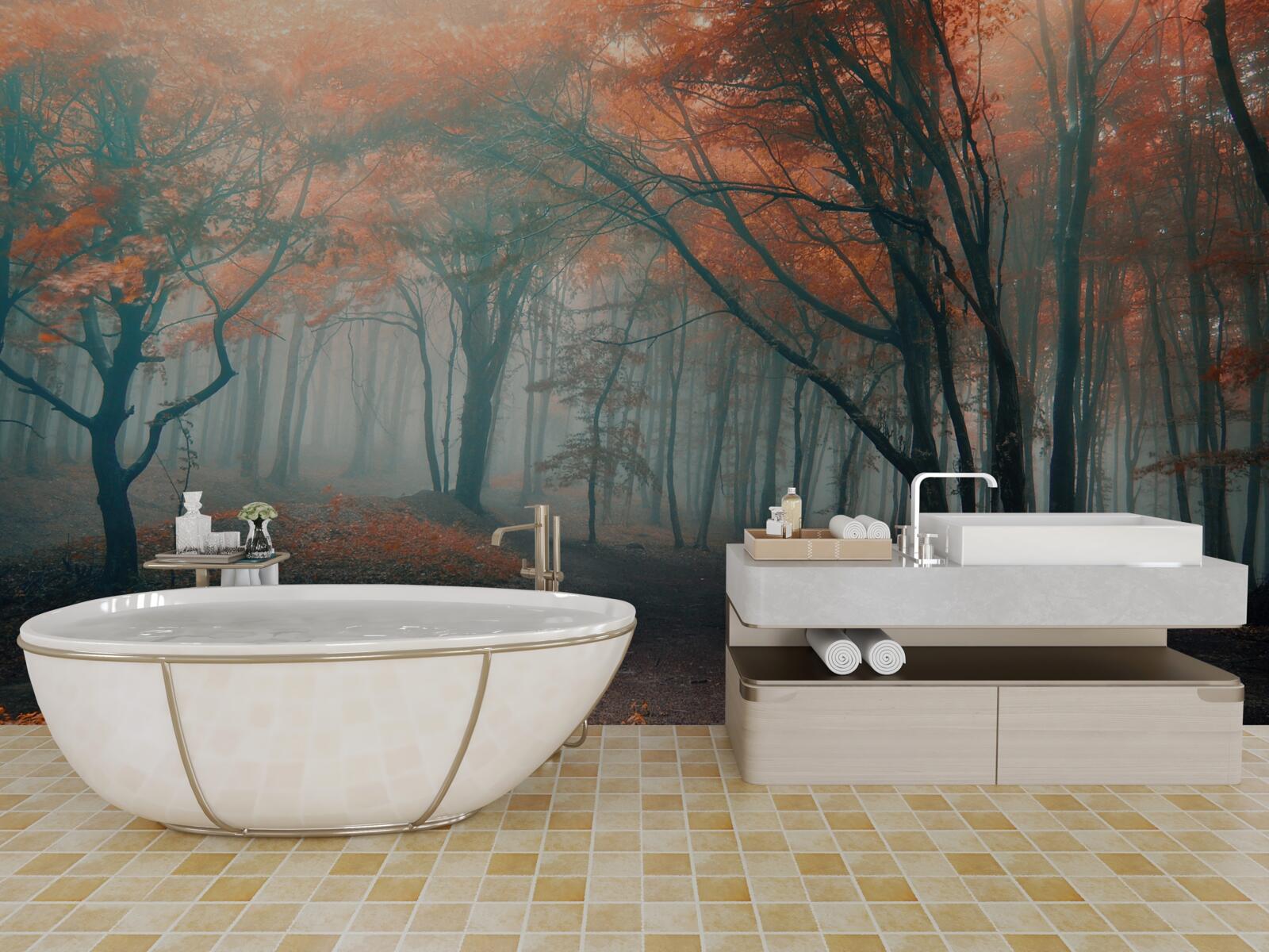 Fototapeta Cesta jesenným lesom zahaleným v hmle