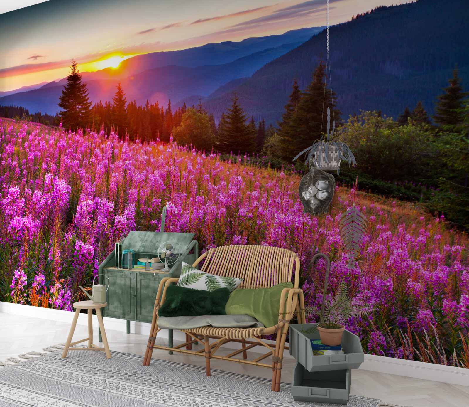 Fototapeta kláštor nad rozkvitnutou horskou lúkou