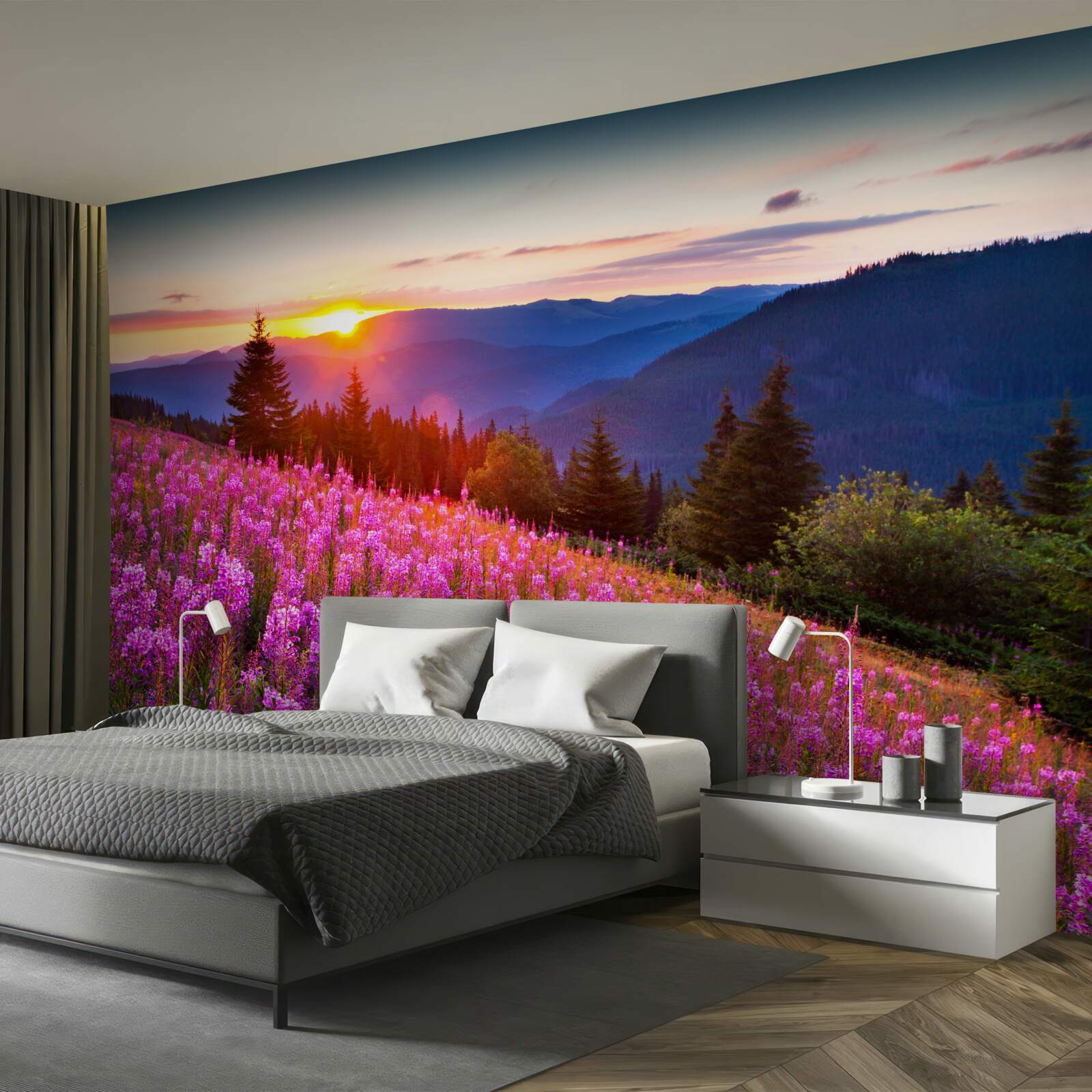 Fototapeta kláštor nad rozkvitnutou horskou lúkou