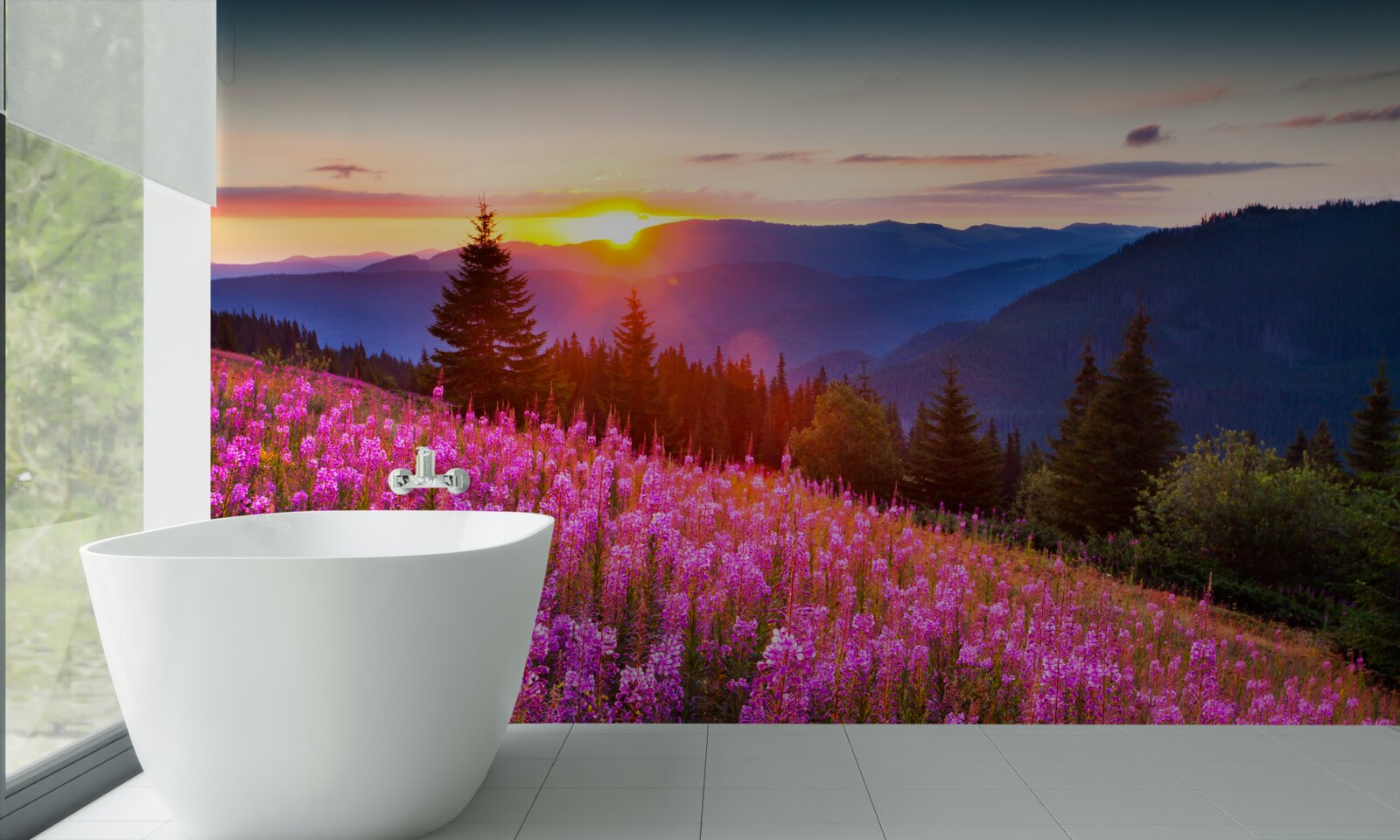 Fototapeta kláštor nad rozkvitnutou horskou lúkou