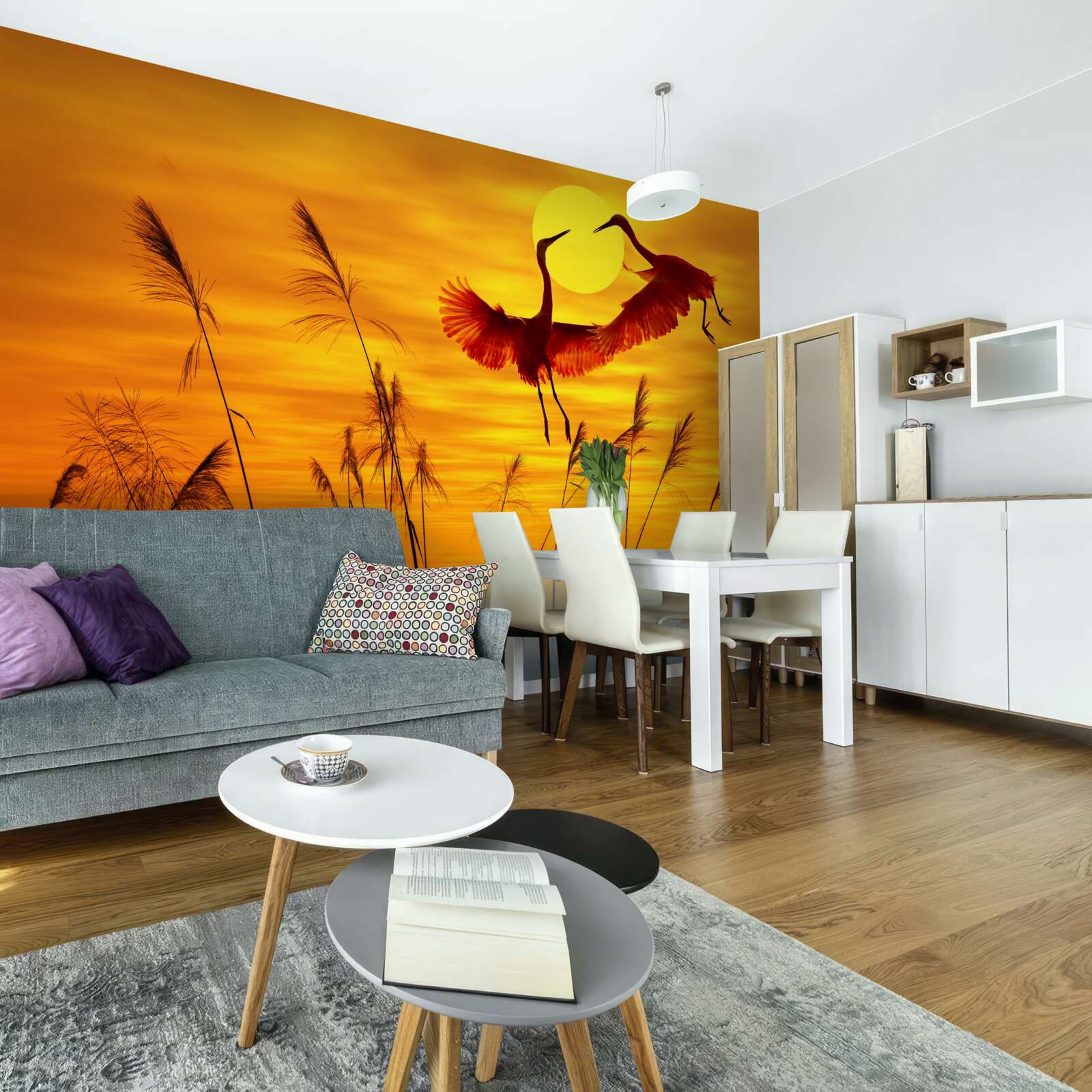 Fototapeta západ slnka sprevádza kŕdeľ žeriavov