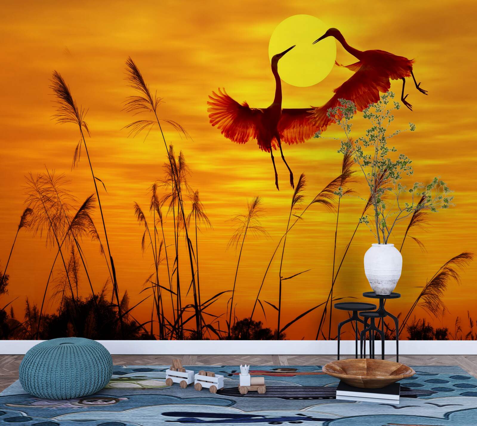 Fototapeta západ slnka sprevádza kŕdeľ žeriavov