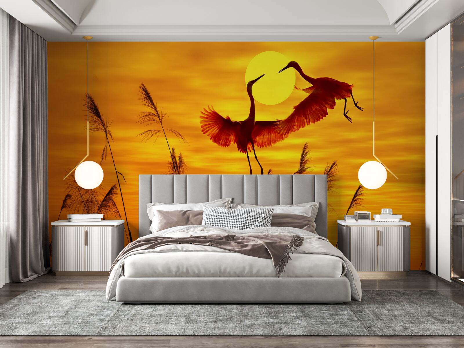 Fototapeta západ slnka sprevádza kŕdeľ žeriavov