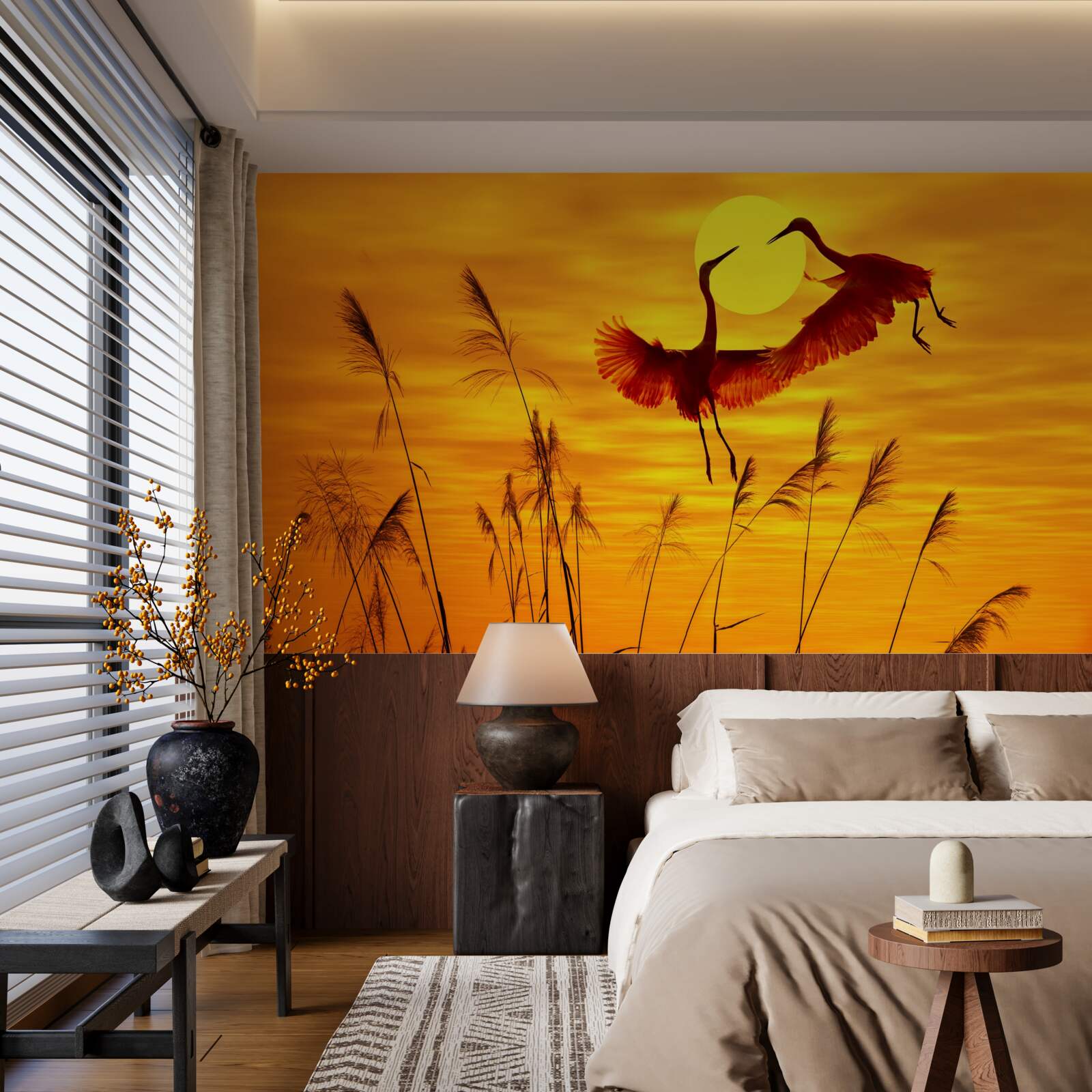 Fototapeta západ slnka sprevádza kŕdeľ žeriavov