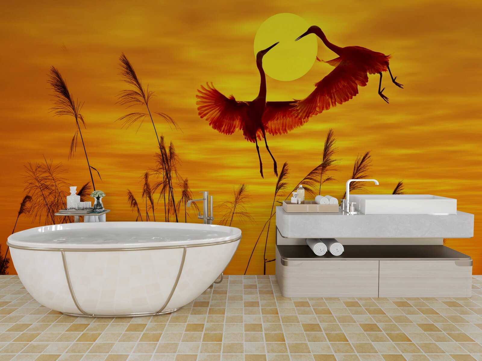 Fototapeta západ slnka sprevádza kŕdeľ žeriavov