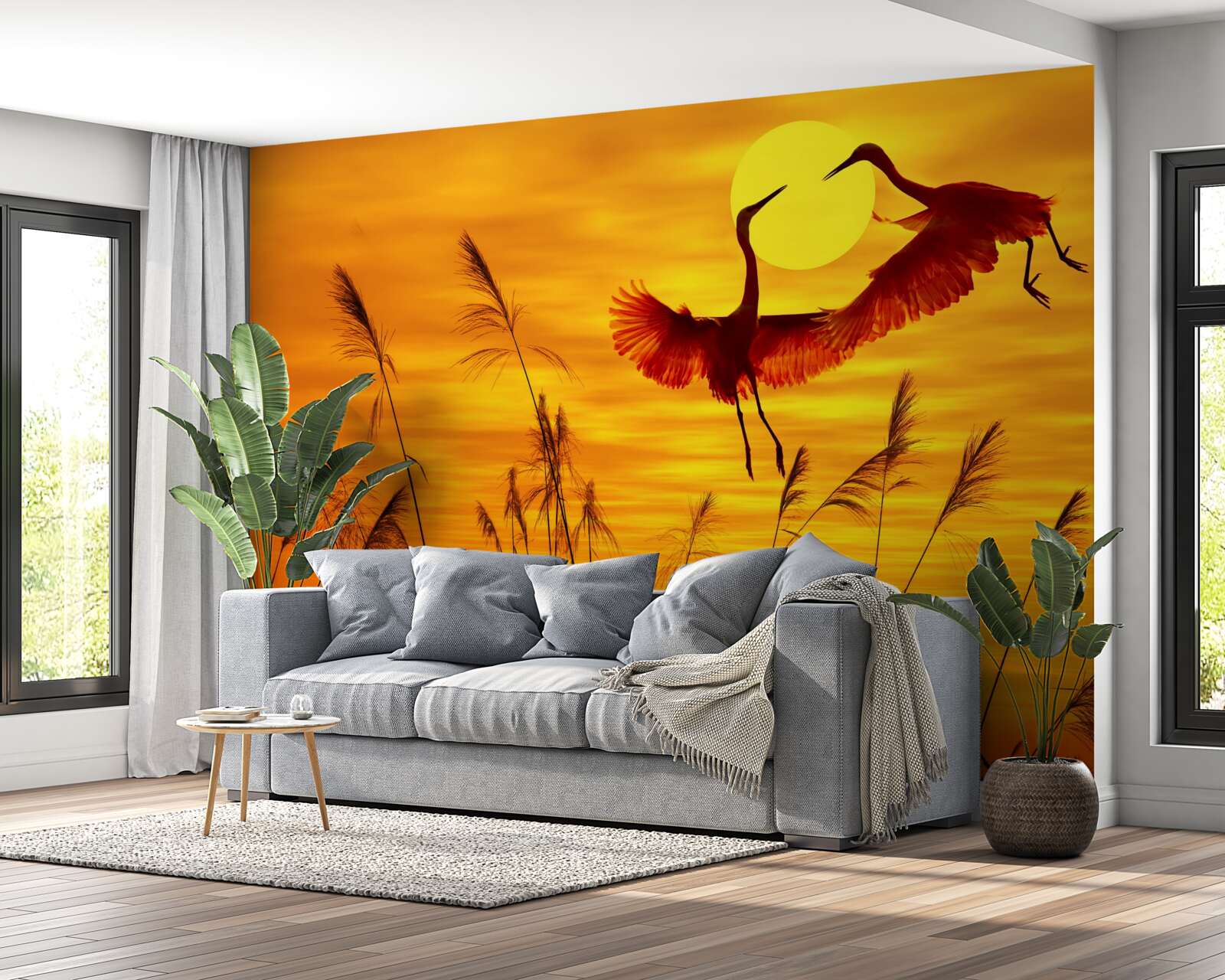 Fototapeta západ slnka sprevádza kŕdeľ žeriavov