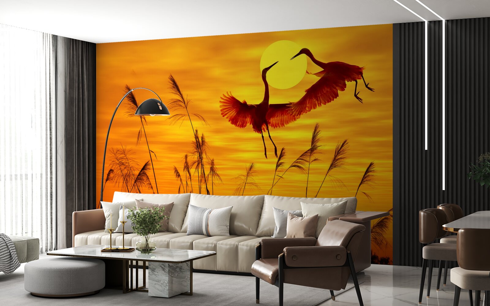 Fototapeta západ slnka sprevádza kŕdeľ žeriavov