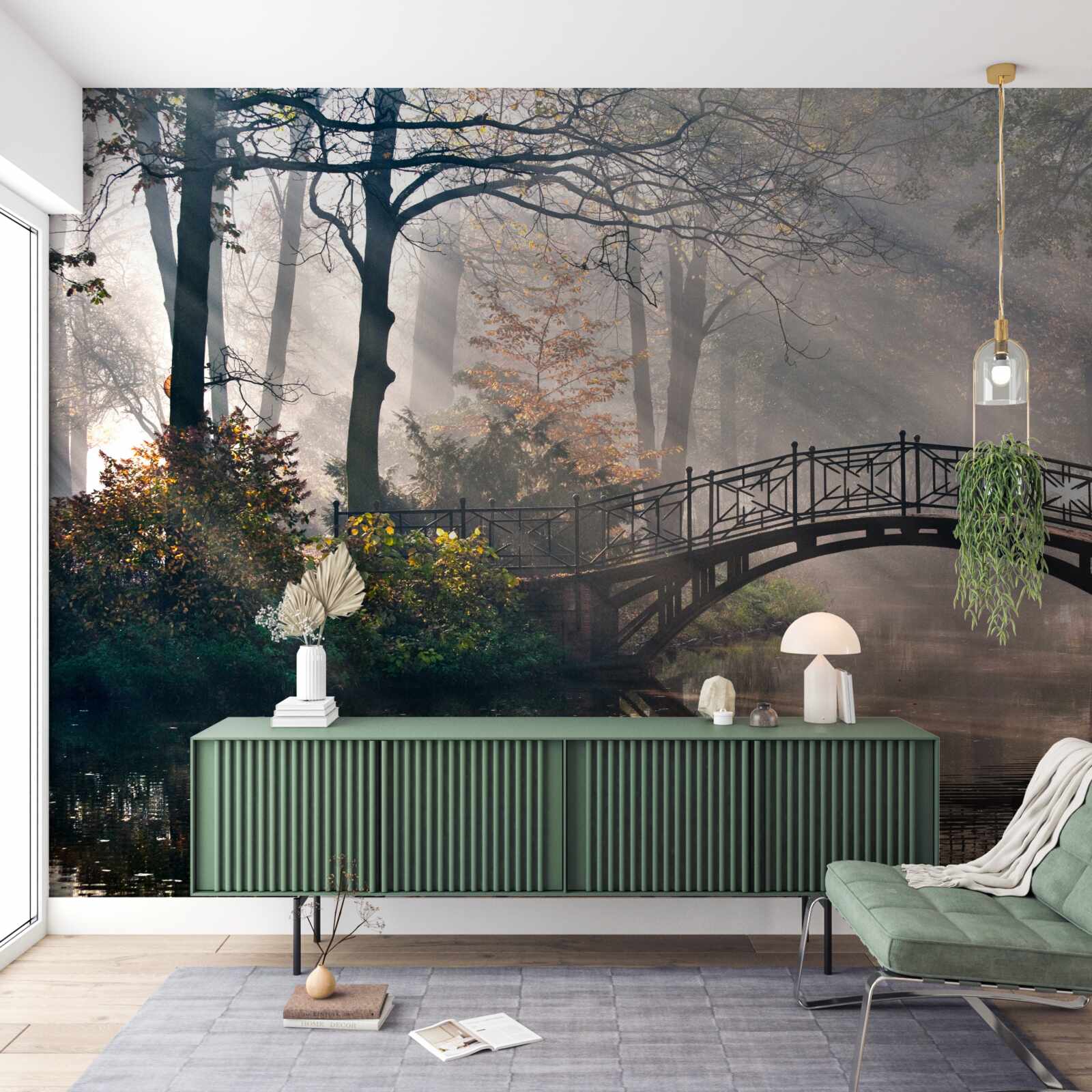 Fototapeta hmlový lesný most cez jazero je vyrobený z dreva