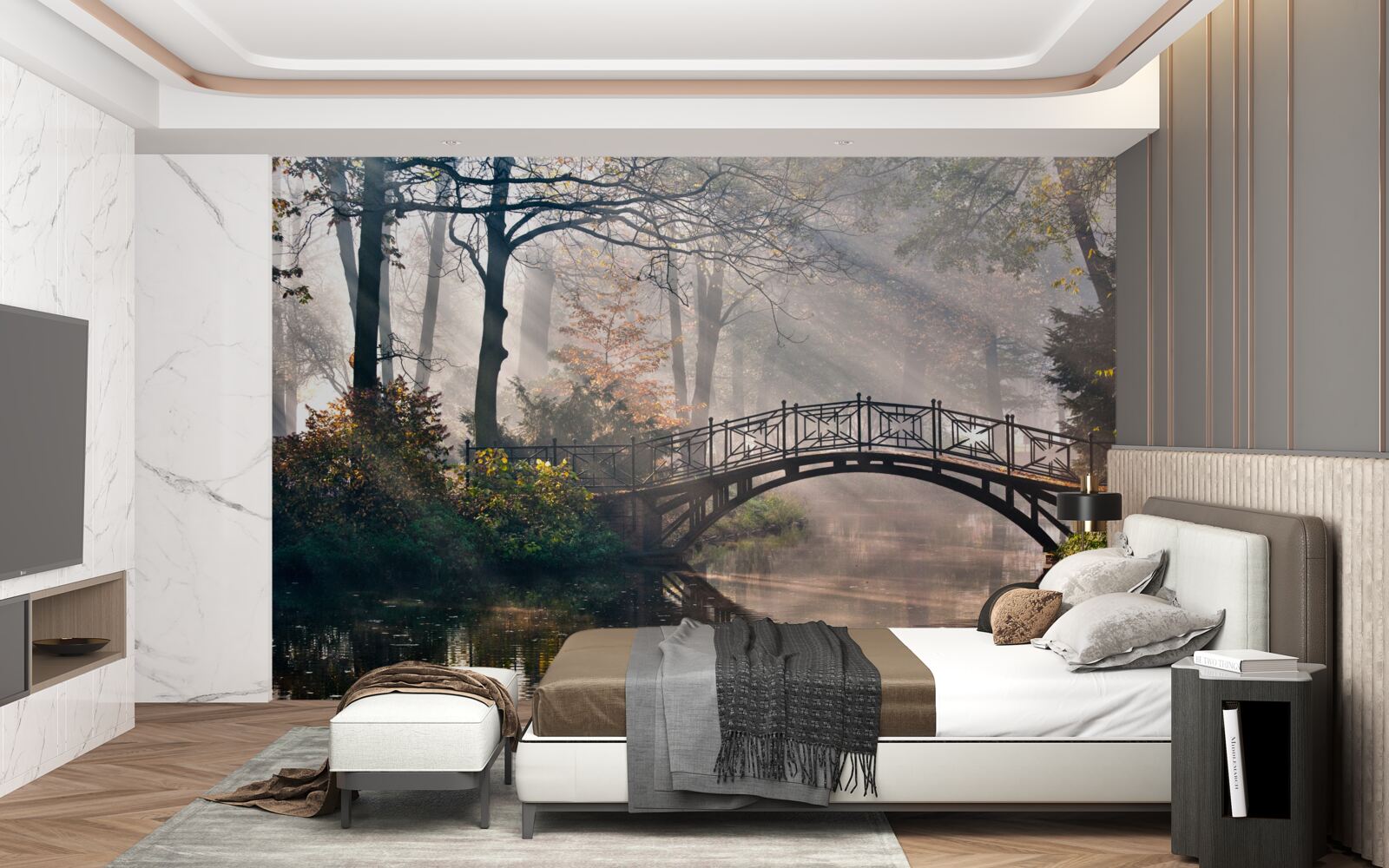 Fototapeta hmlový lesný most cez jazero je vyrobený z dreva