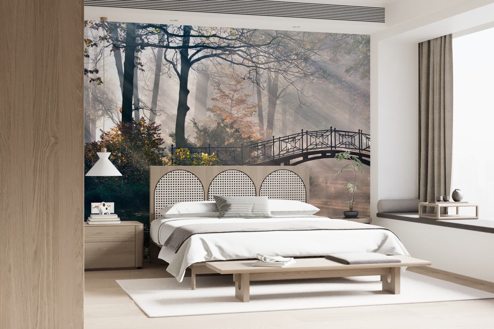 Fototapeta hmlový lesný most cez jazero je vyrobený z dreva