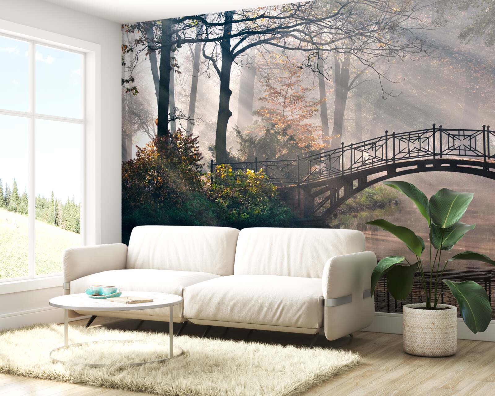 Fototapeta hmlový lesný most cez jazero je vyrobený z dreva