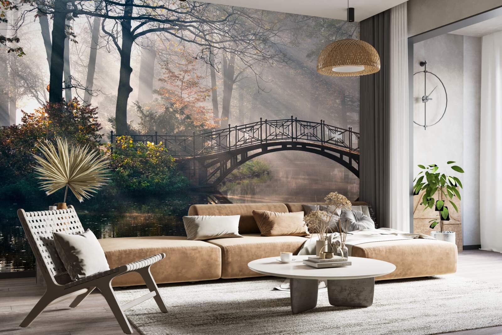 Fototapeta hmlový lesný most cez jazero je vyrobený z dreva