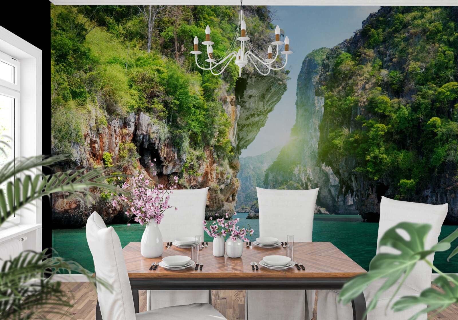 Fototapeta nad morskými vodami sa týčia skaly namaľované v odtieňoch smaragdu