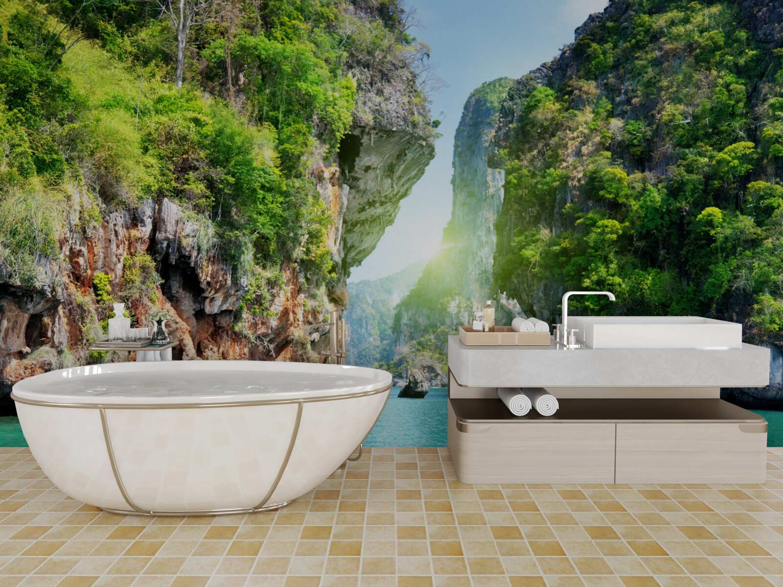 Fototapeta nad morskými vodami sa týčia skaly namaľované v odtieňoch smaragdu