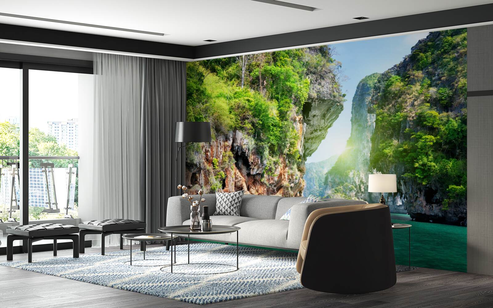 Fototapeta nad morskými vodami sa týčia skaly namaľované v odtieňoch smaragdu