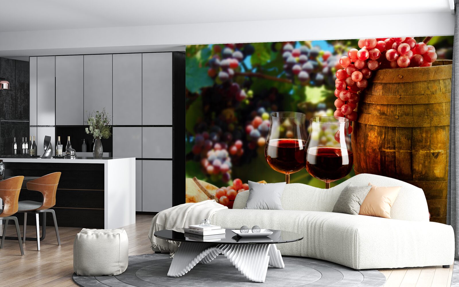 Fototapeta strapce hrozna tvoria pozadie pre poháre naplnené vínom