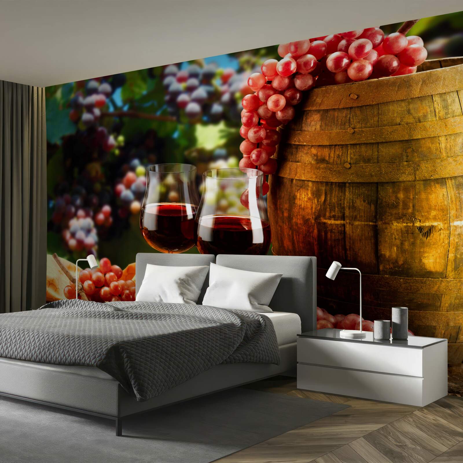 Fototapeta strapce hrozna tvoria pozadie pre poháre naplnené vínom