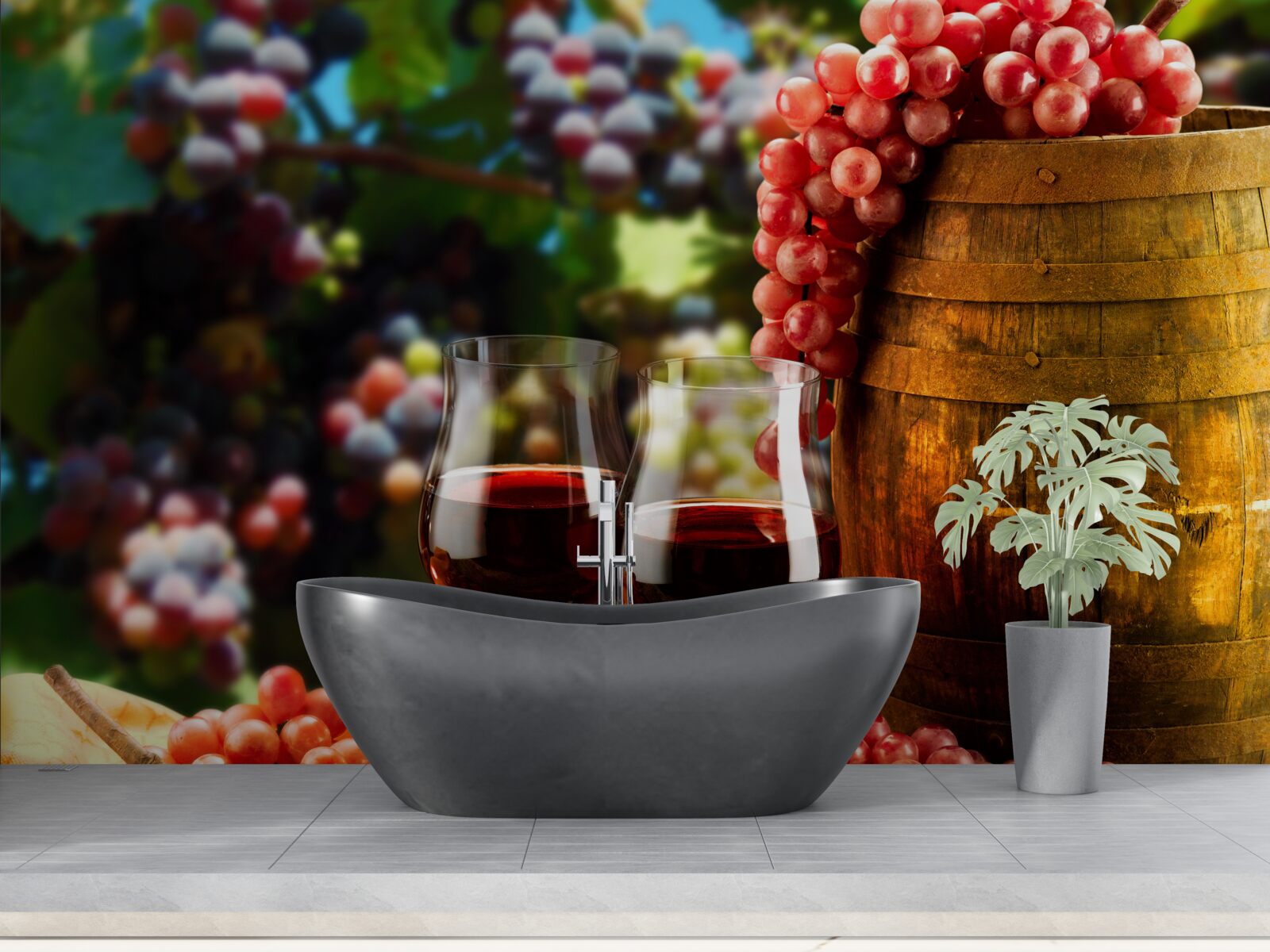 Fototapeta strapce hrozna tvoria pozadie pre poháre naplnené vínom