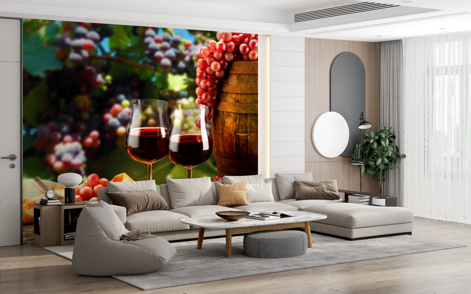 Fototapeta strapce hrozna tvoria pozadie pre poháre naplnené vínom