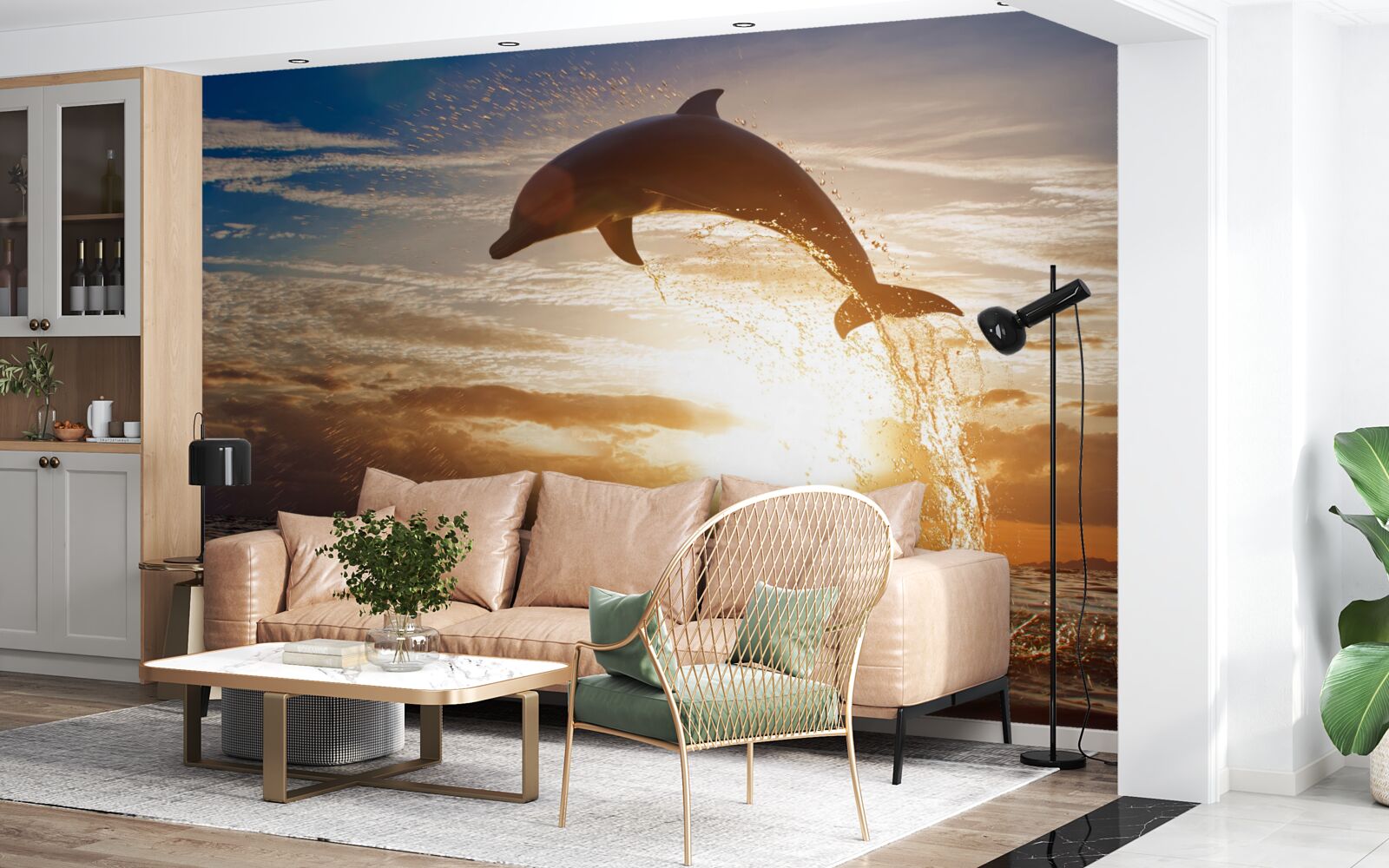 Fototapeta na pozadí večerného západu slnka vyskočí delfín
