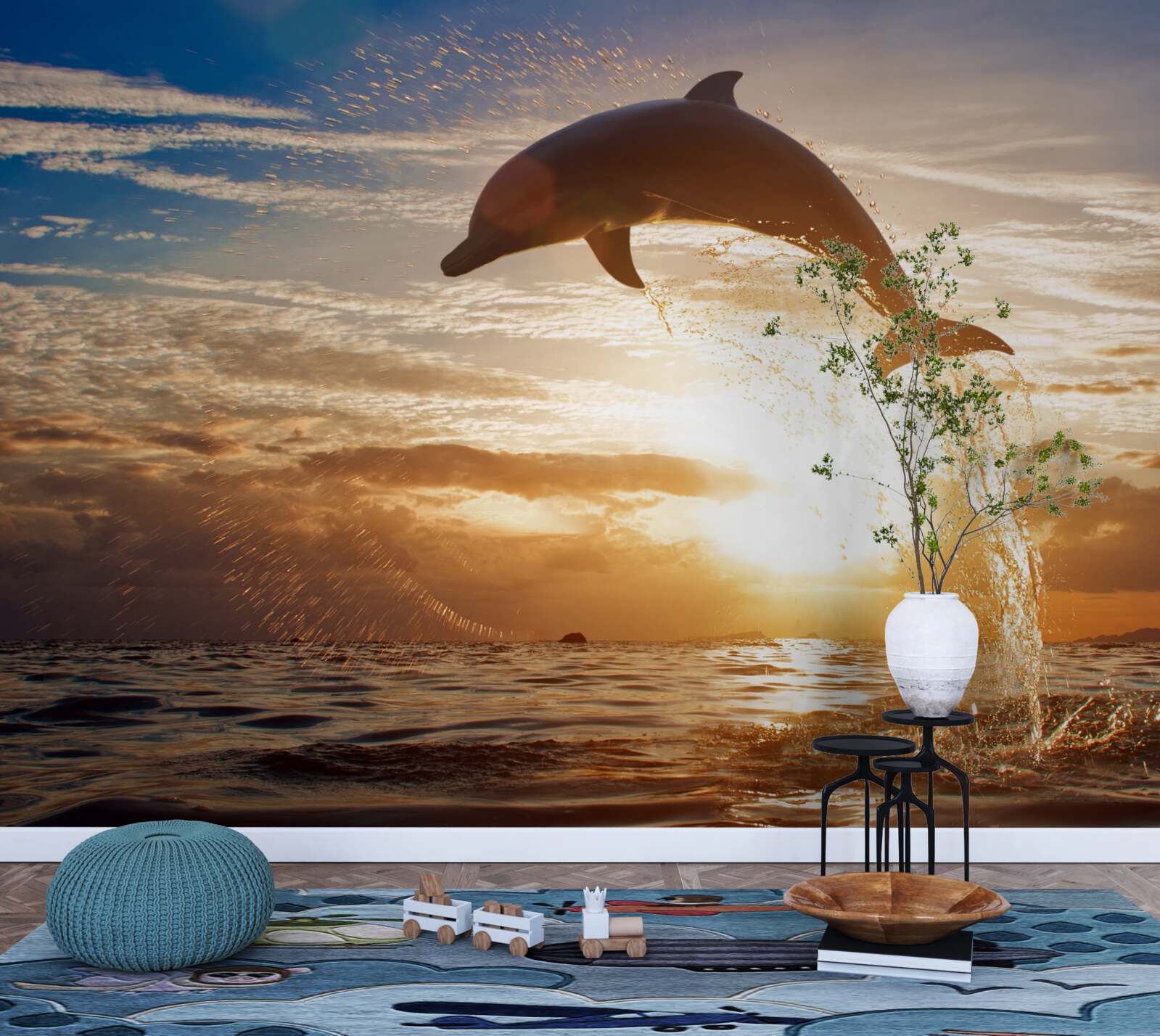 Fototapeta na pozadí večerného západu slnka vyskočí delfín