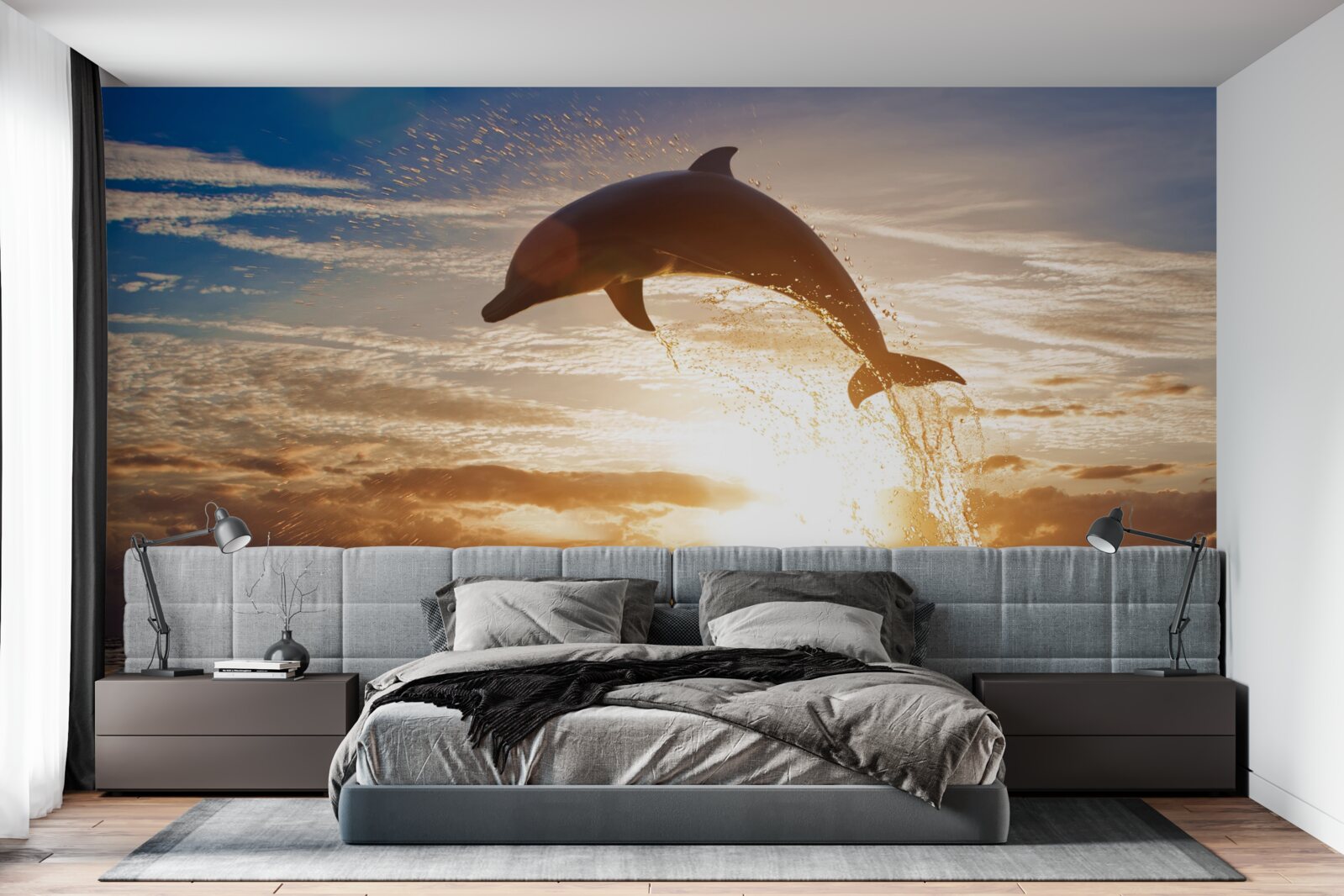 Fototapeta na pozadí večerného západu slnka vyskočí delfín