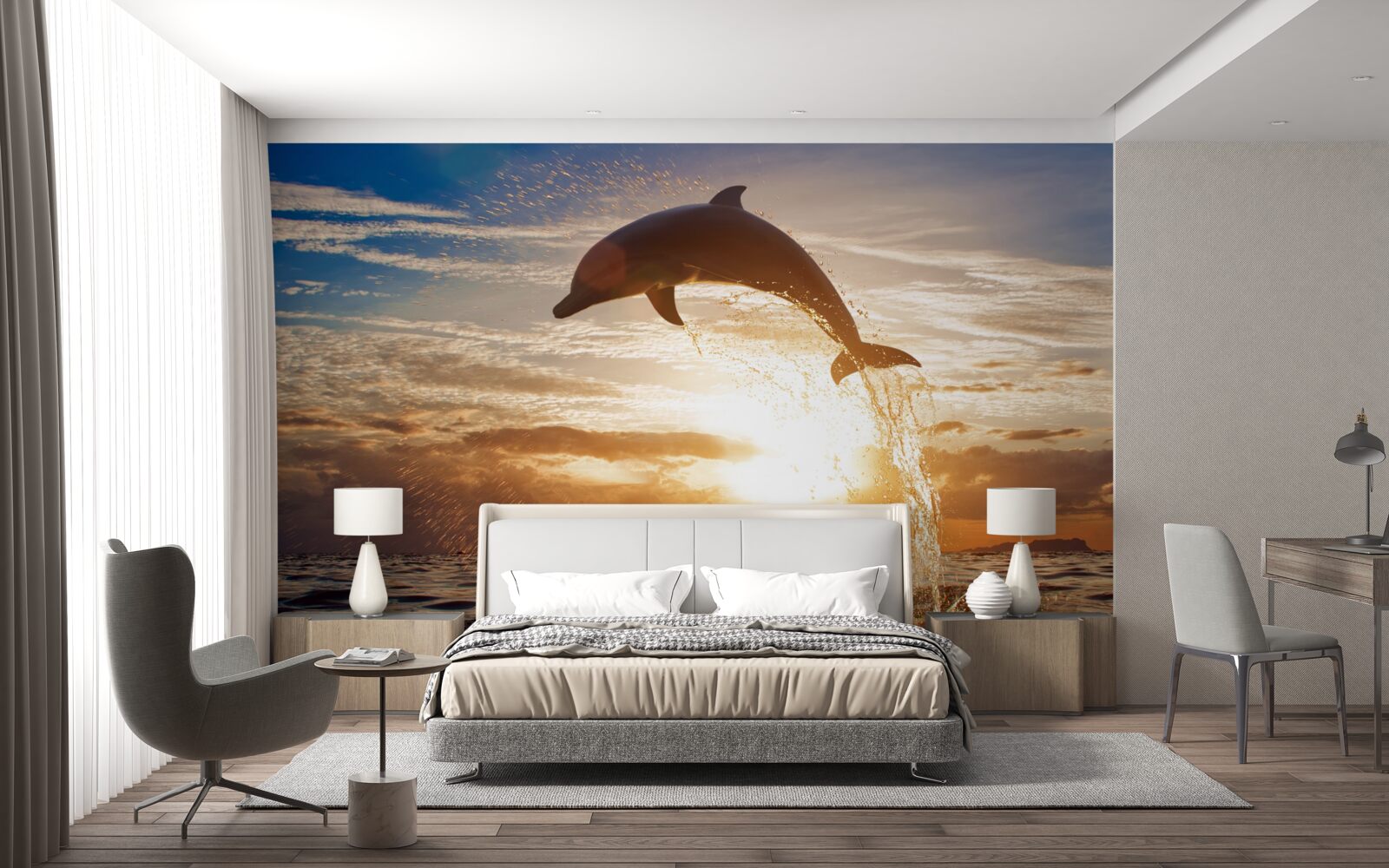 Fototapeta na pozadí večerného západu slnka vyskočí delfín