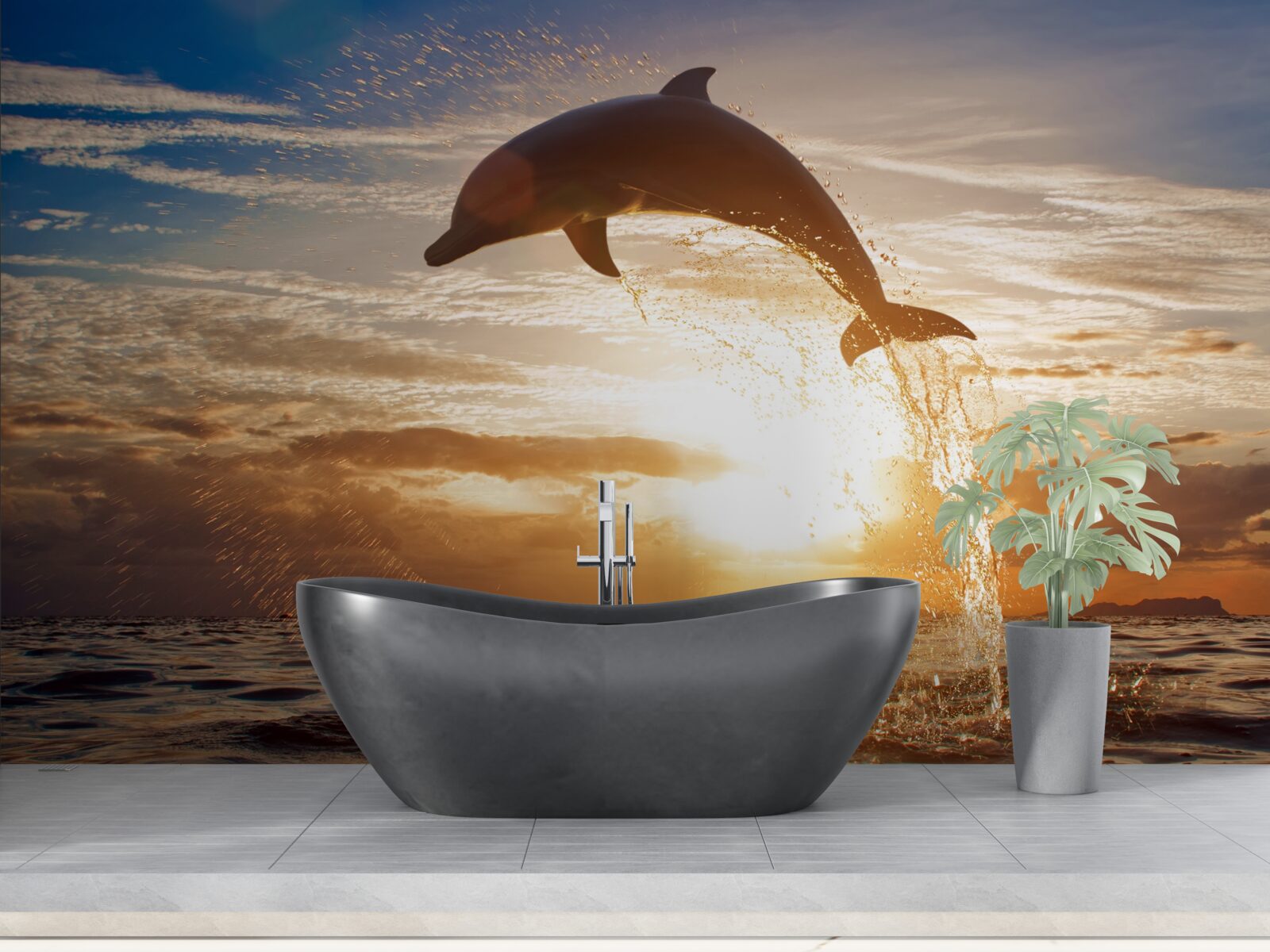 Fototapeta na pozadí večerného západu slnka vyskočí delfín