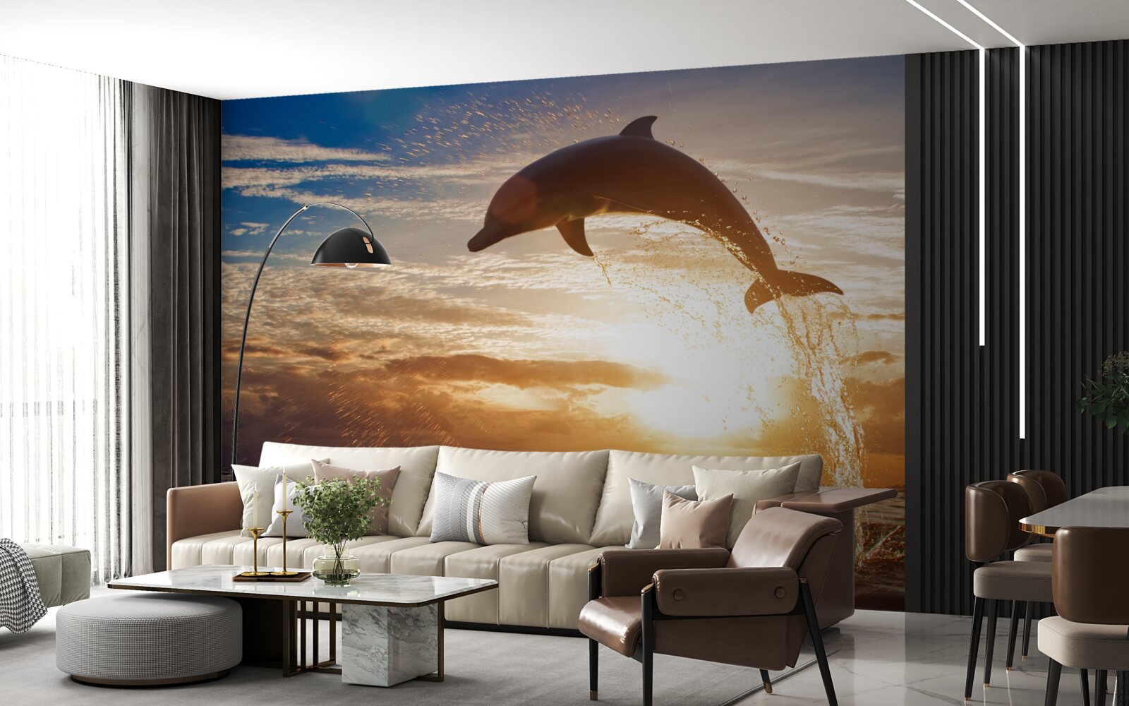 Fototapeta na pozadí večerného západu slnka vyskočí delfín