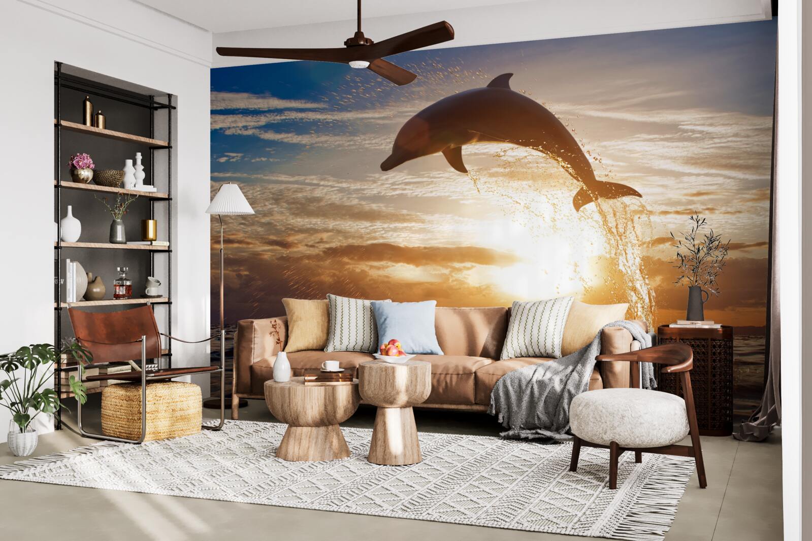 Fototapeta na pozadí večerného západu slnka vyskočí delfín