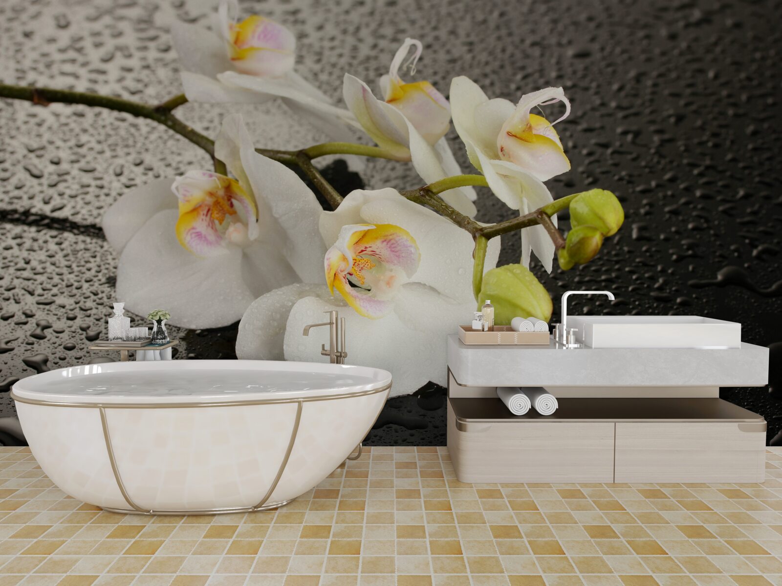 Fototapeta Snehobiela orchidea po silnom daždi