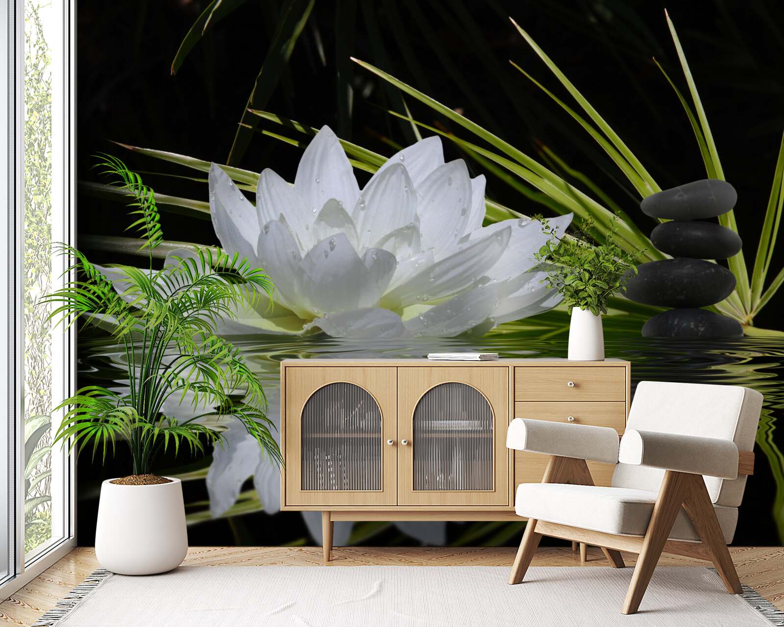 Fototapeta na vodnej hladine plávajú sivé kamene a biele lekná