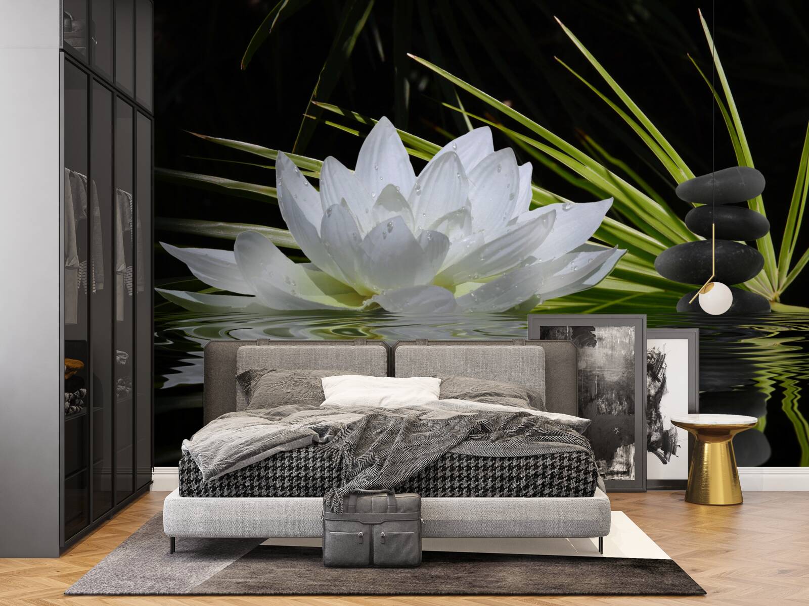 Fototapeta na vodnej hladine plávajú sivé kamene a biele lekná