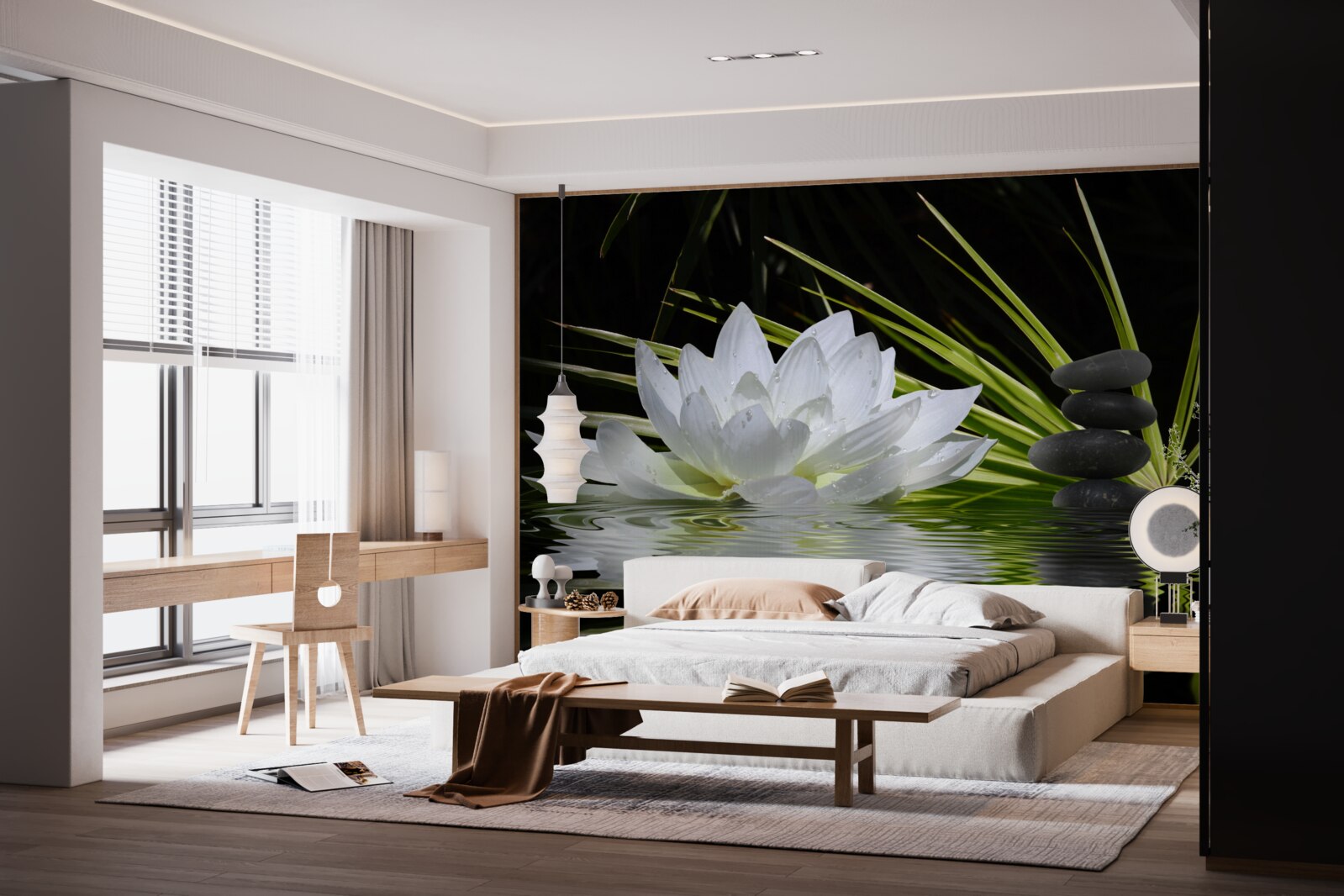 Fototapeta na vodnej hladine plávajú sivé kamene a biele lekná