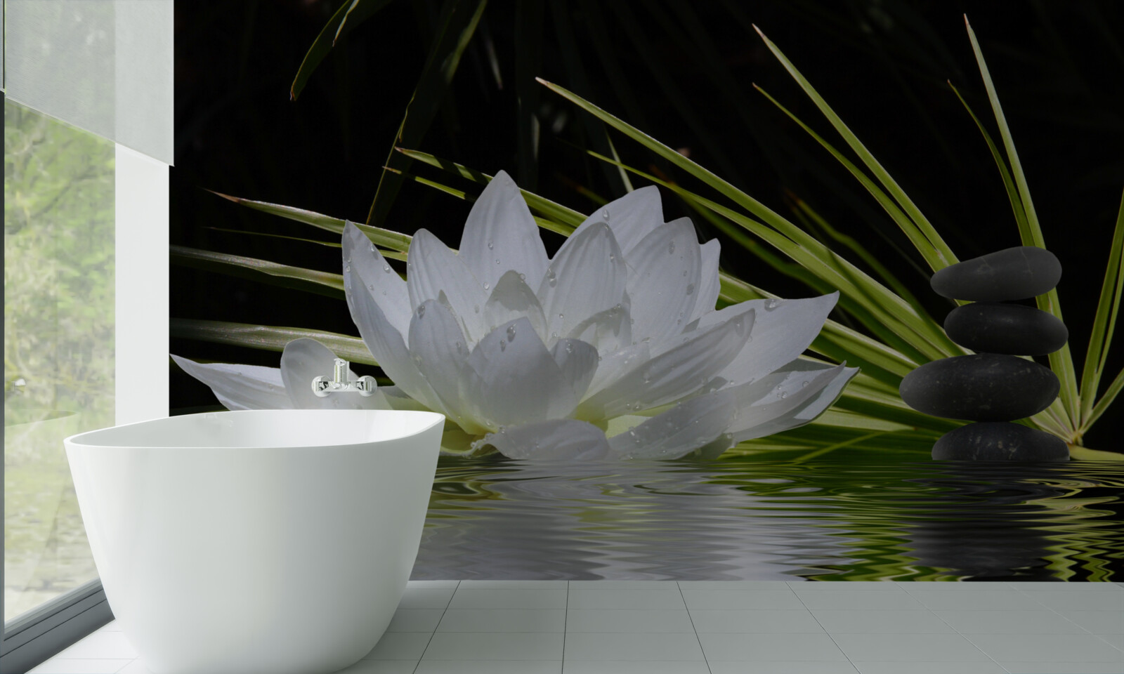 Fototapeta na vodnej hladine plávajú sivé kamene a biele lekná