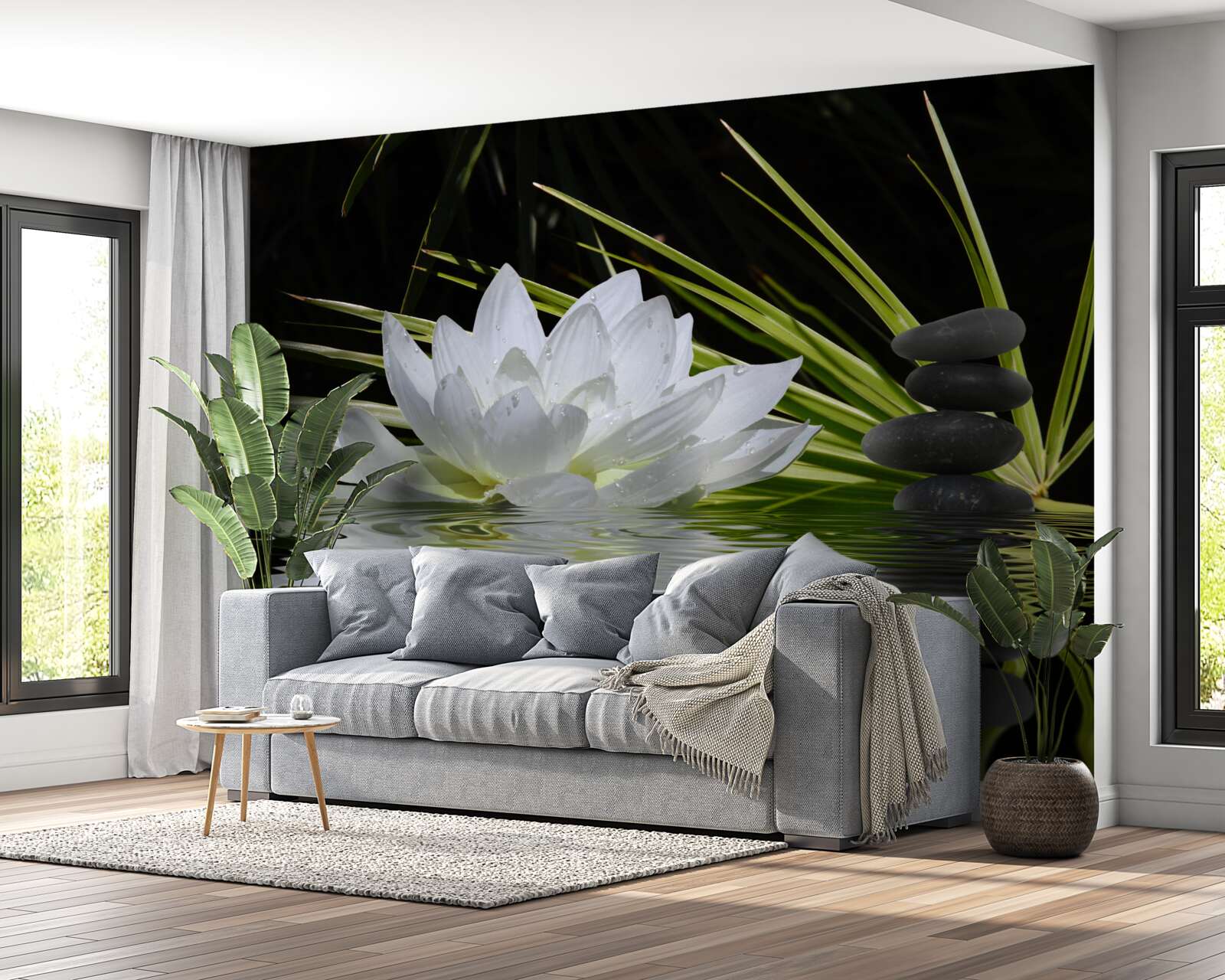 Fototapeta na vodnej hladine plávajú sivé kamene a biele lekná