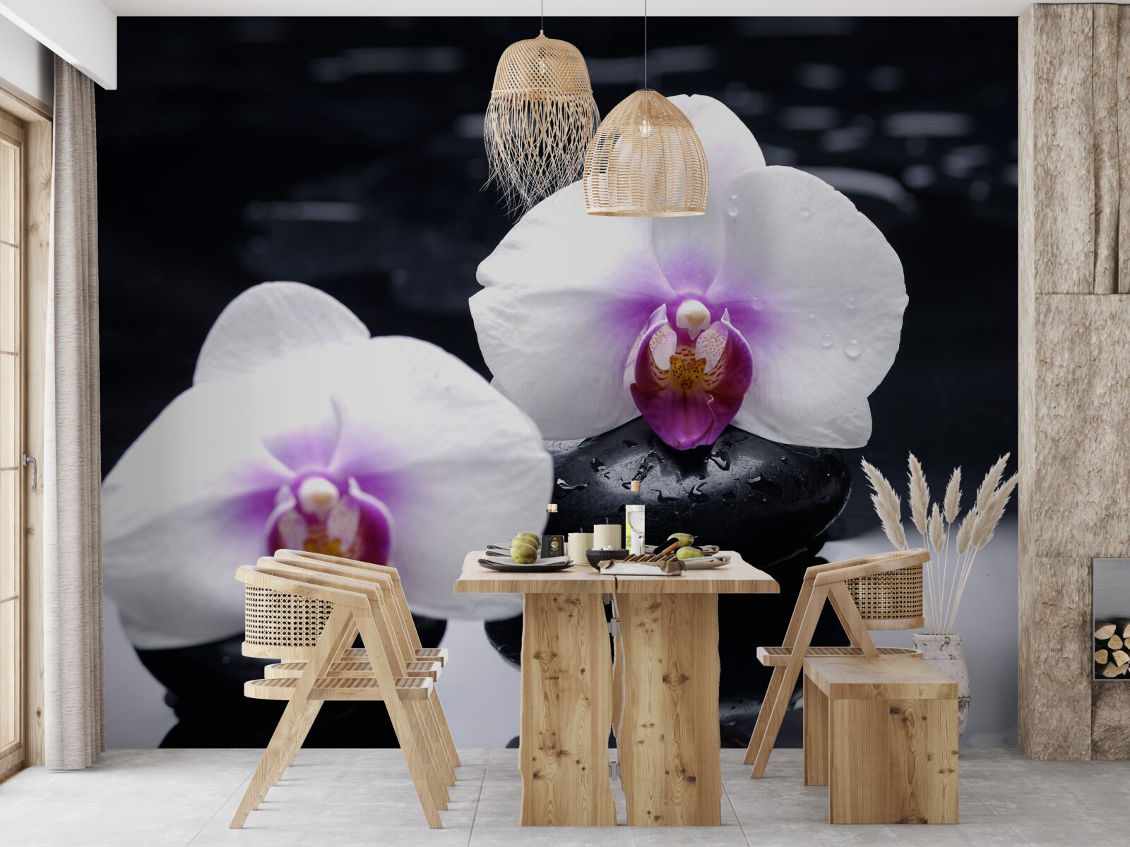 Fototapeta Snehobiela orchidea umiestnená na čiernych blokoch